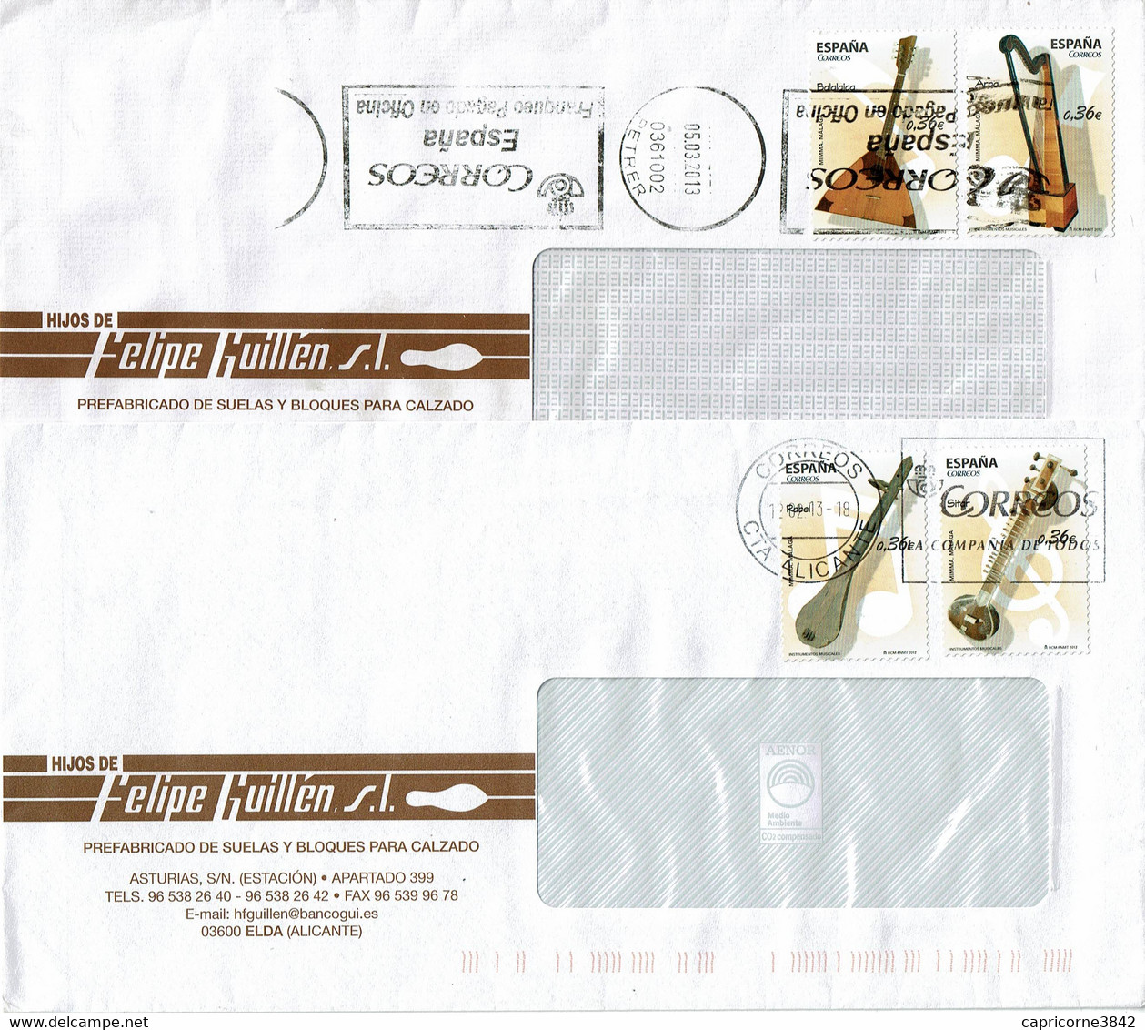 2013 - Espagne - 2 Lettres INSTRUMENTS DE MUSIQUES Tp N° Yvert 4388/4389 Et 4391/4392 - Storia Postale