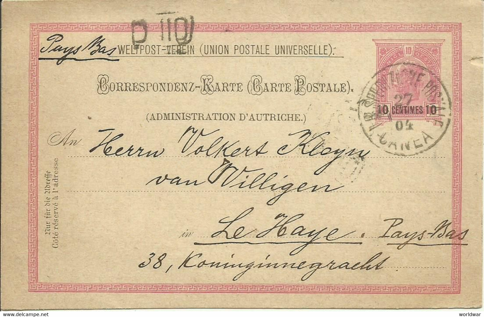 1904 Österreichische Post In Der Levant  Kreta Canea  10 Centimes Auf 10 H.  Gelaufen Nach Den Haag, Holland - Altri & Non Classificati