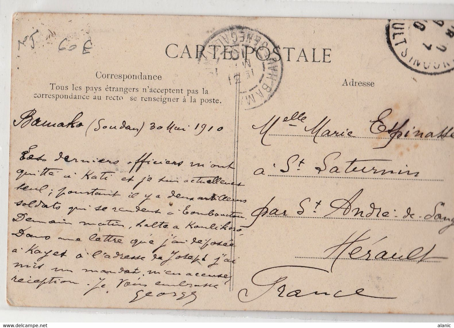 Haut-Sénégal Et Niger   N°45/ CPA - De Saint Louis à Kayes - Bords Du Fleuve  Départ BAMAKO (Soudan)30 MAI 1910 - Briefe U. Dokumente