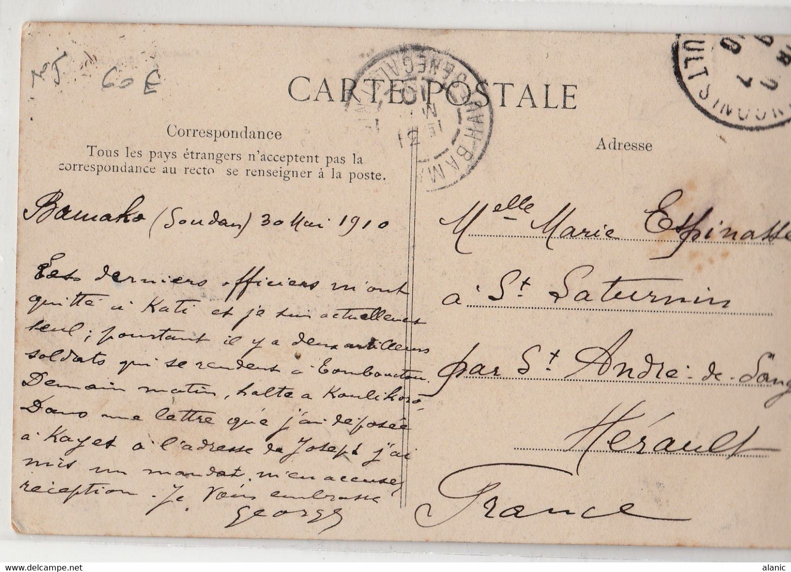 Haut-Sénégal Et Niger   N°45/ CPA - De Saint Louis à Kayes - Bords Du Fleuve  Départ BAMAKO (Soudan)30 MAI 1910 - Covers & Documents