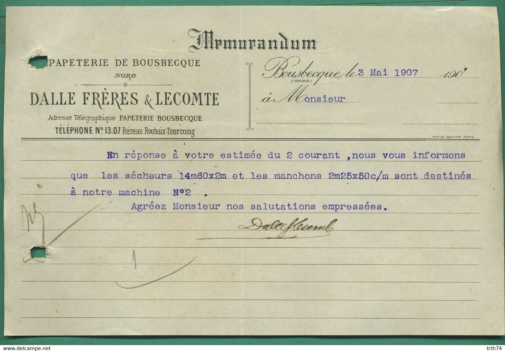 59 Bousbecque Dalle Freres Et Lecomte Papeterie De Bousbecque ( Nord ) 3 Mai 1907 - Printing & Stationeries