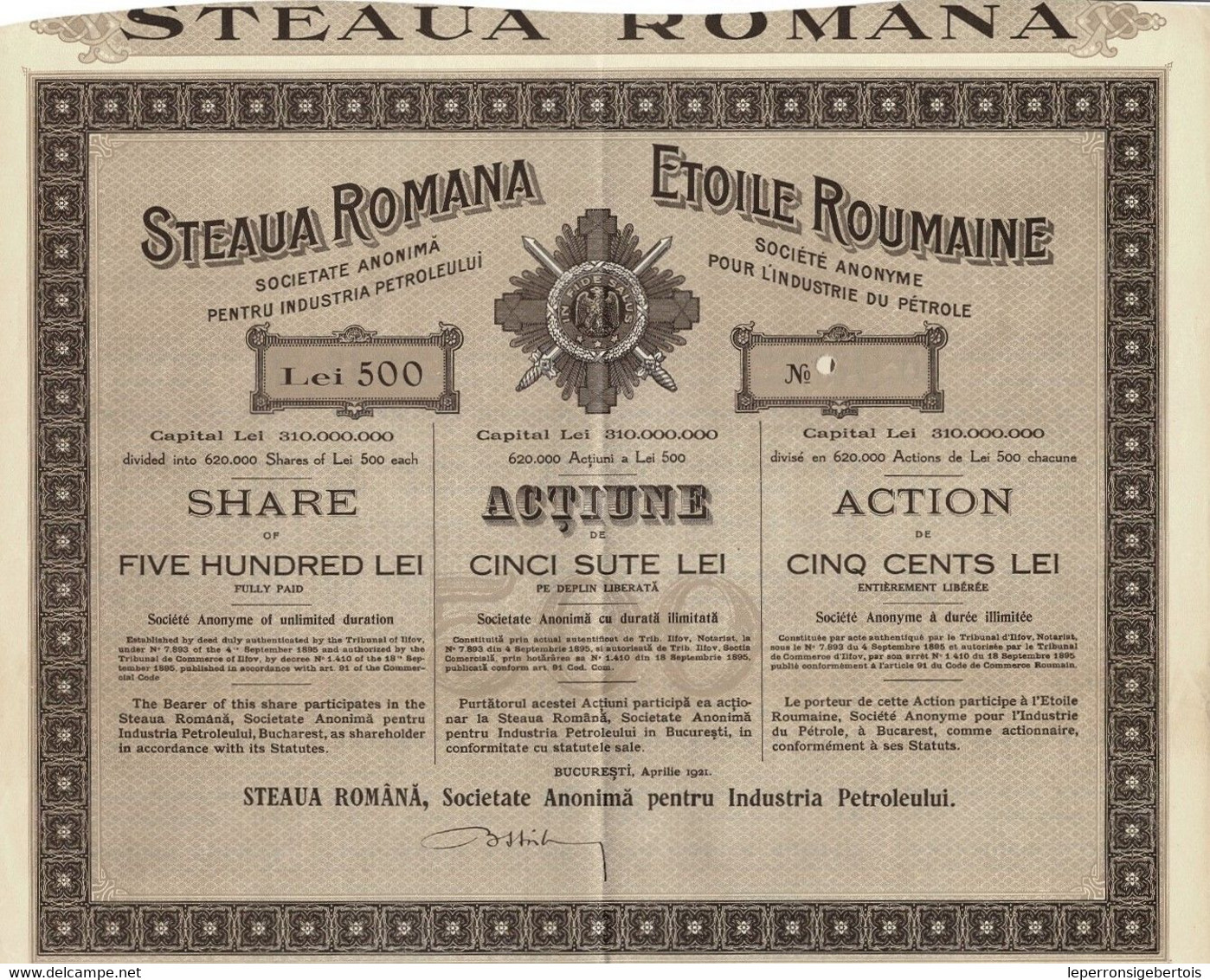 Action Ancienne - Etoile Roumaine S.A. Pour L' Industrie Du Pétrole - Steaua Romana - Titre De 1921 Uncirculed - Petrolio