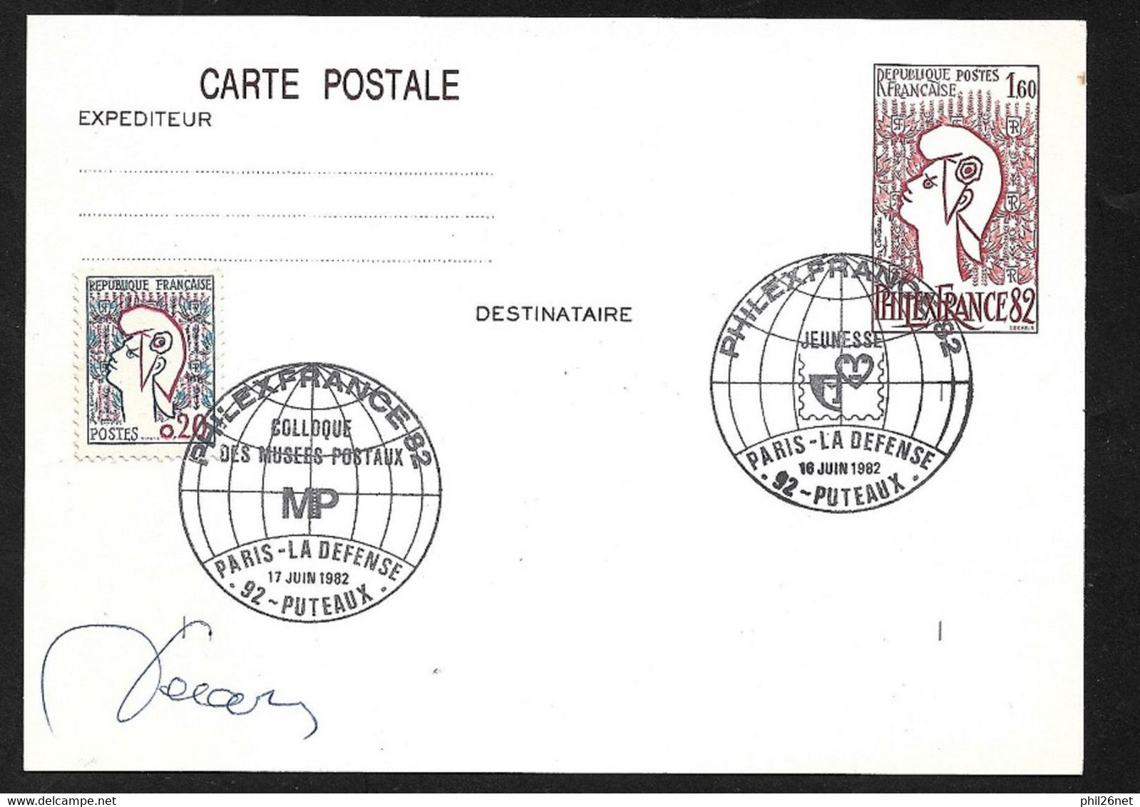 Entier Postal N°2216-CP1 Philexfrance Cachets 16-17/6/82 Jeunesse+ Musées Postaux N°1282 Marianne Signé DECARIS TB - Standard Postcards & Stamped On Demand (before 1995)