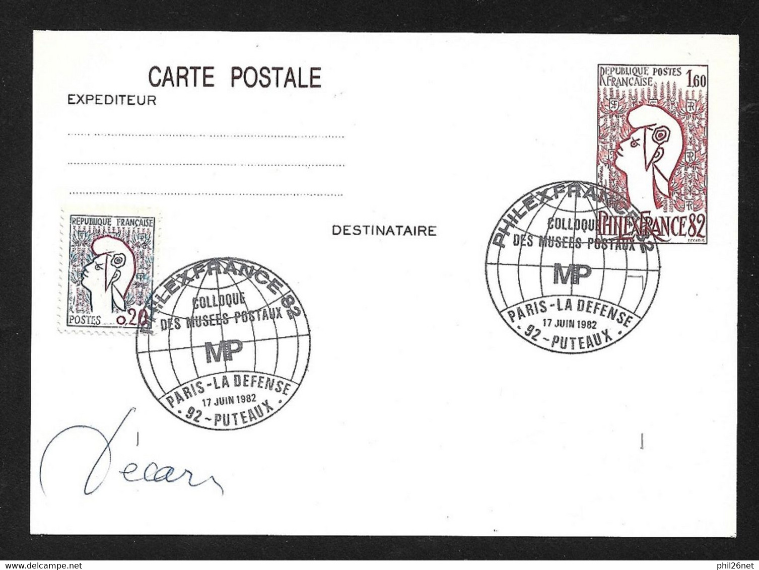 Entier Postal N°2216-CP1 Philexfrance Cachets 17/6/82 Colloque Des Musées Postaux N°1282 Marianne Signé DECARIS TB - Standard Postcards & Stamped On Demand (before 1995)