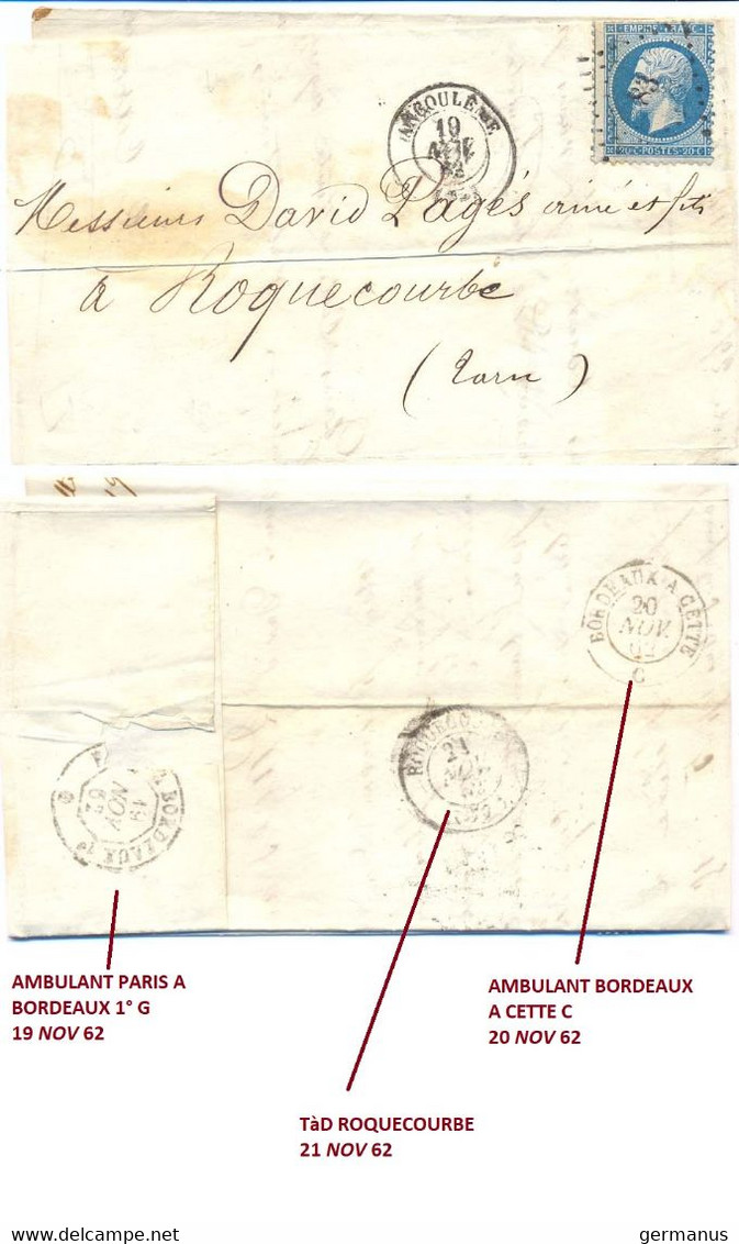 LAC ANGOULEME CHARENTE 20 C. NAPOLEON III - EMPIRE FRANC. LOSANGE PC 83 – TàD ANGOULEME 19 NOV 62 => ROQUECOURBE TARN - 1849-1876: Classic Period