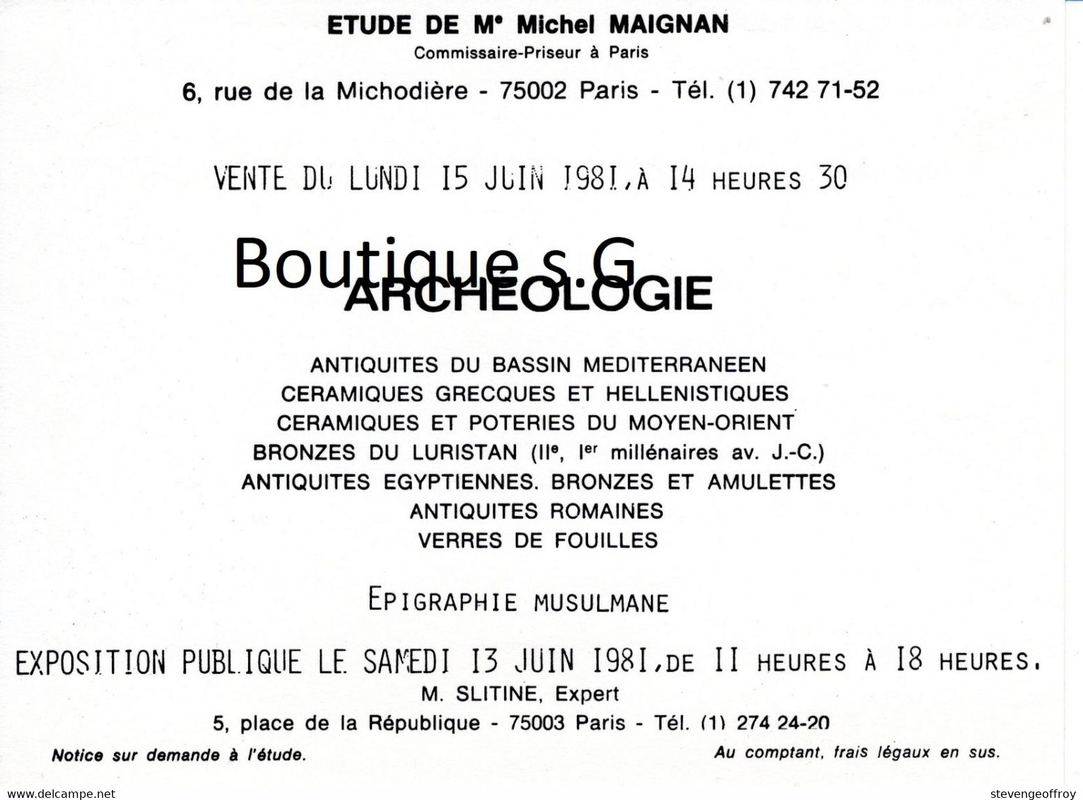 Vente Enchere Etude Michel Maignan Paris 1981 Archeologie Antiquité Epigraphie Ceramiques Slitine - Programmes