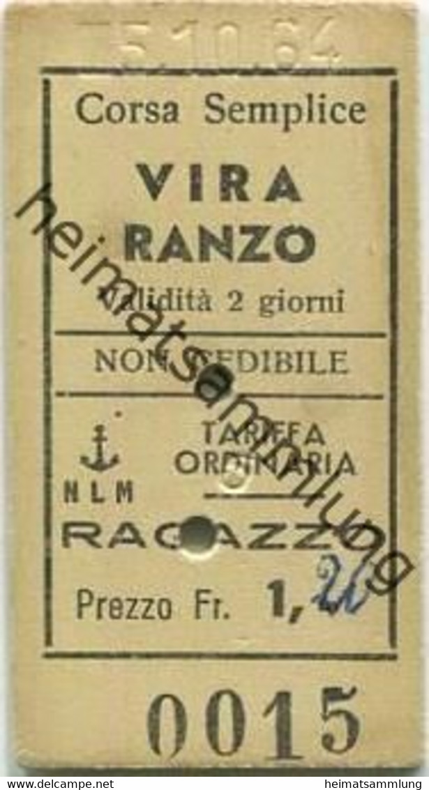 Schweiz - NLM Navigazione Lago Maggiore - Vira Ranzo - Ragazzo - Fahrkarte Kind 1964 Fr. 1,20 - Europa