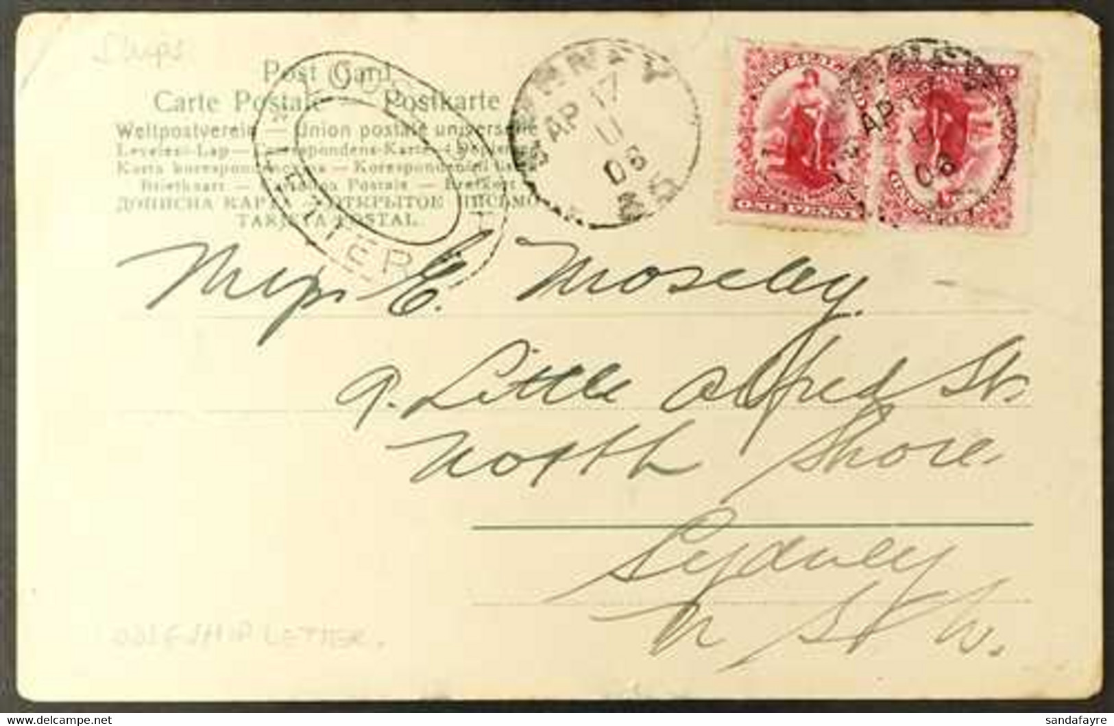 1906 LOOSE SHIP LETTER (17 Apr) Picture Postcard To New South Wales, Bearing 1d Universal Postage (x2) Tied By "Sydney"  - Sonstige & Ohne Zuordnung