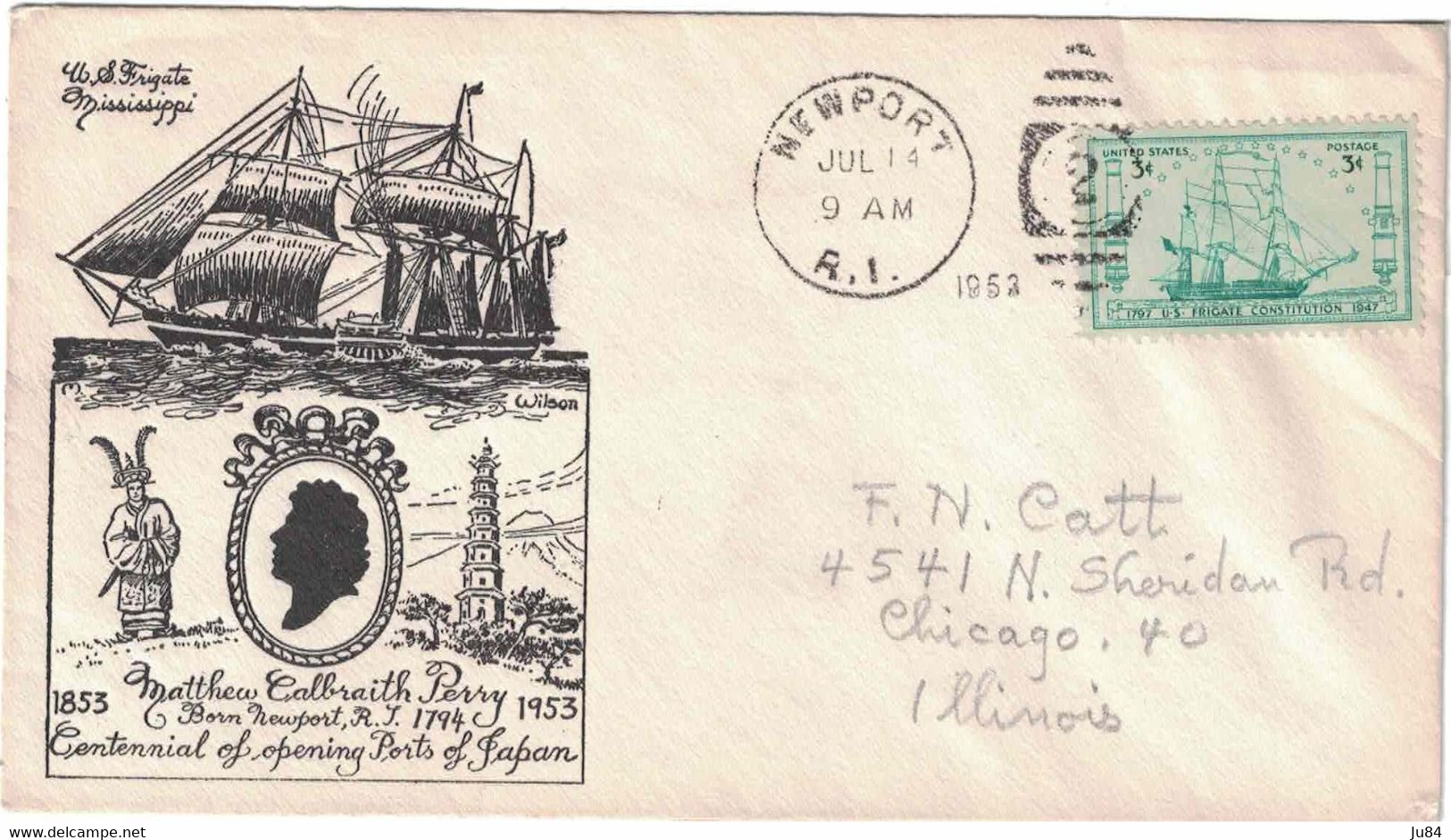 Etats-Unis - Newport - Lettre Pour Chicago - Illinois - Dessins - Centennial Of Opening Ports Of Japan - 14 Juillet 1952 - Usados