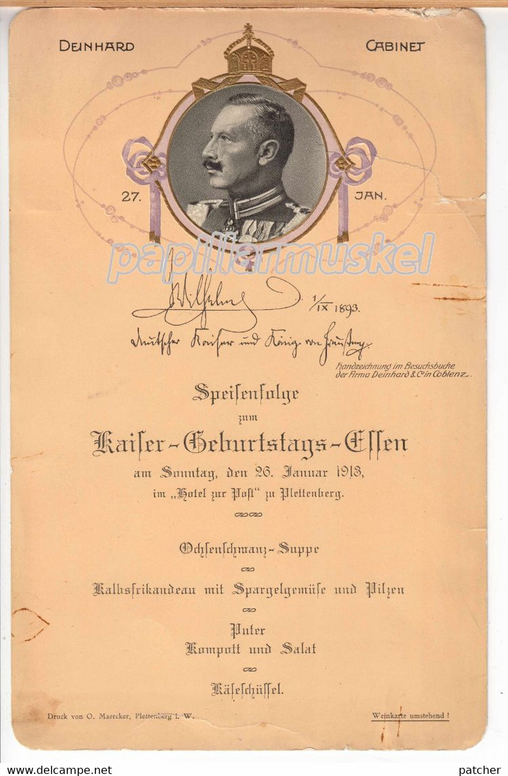 Speisekarte/Menu Deinhard Kaiser (Wilhelm II.)-Geburtstags-Essen 1913 Hotel Post Plettenberg - Menus