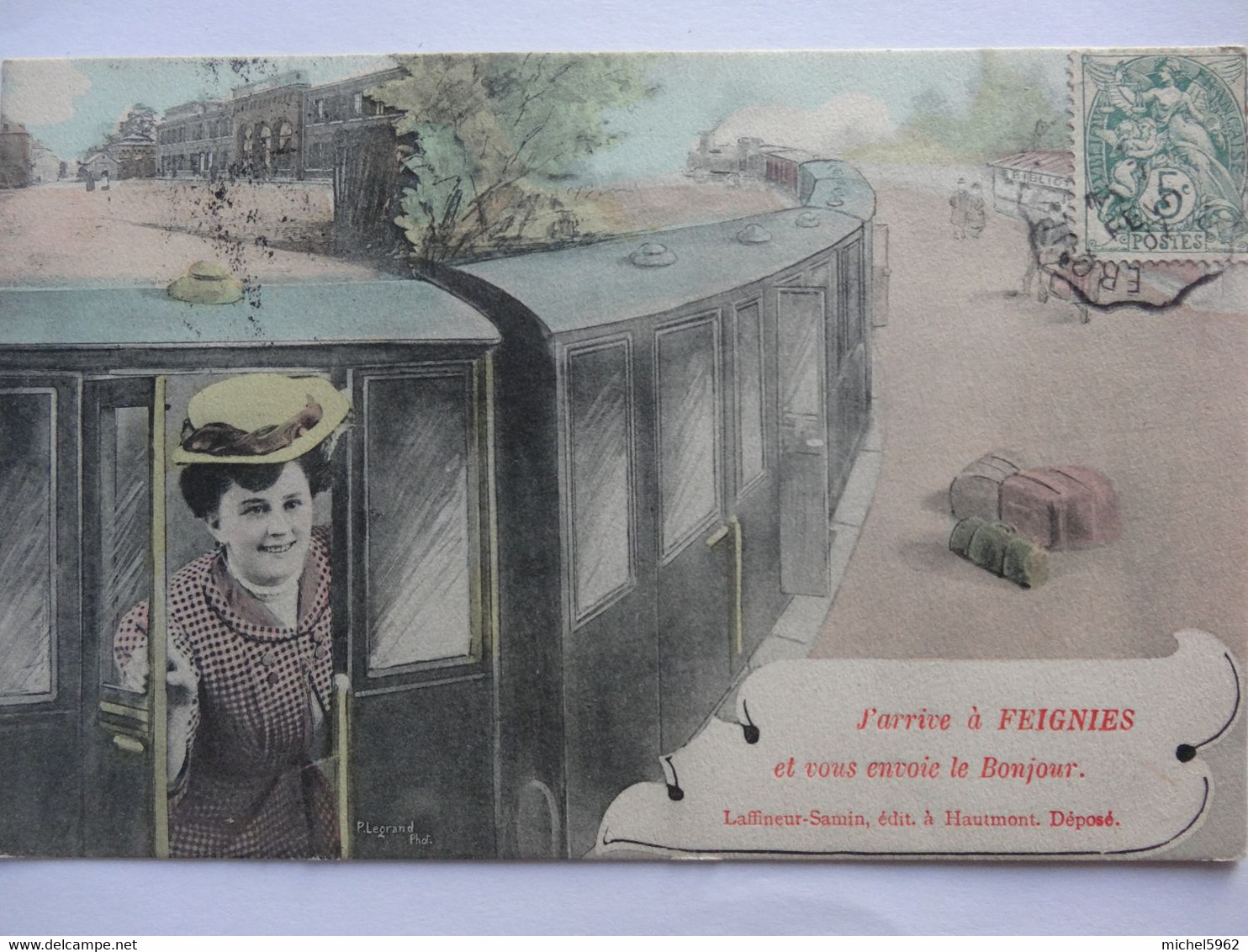 FEIGNIES J ARRIVE A FEIGNIES ET VOUS ENVOIE LE BONJOUR CARTE COLORISEE - Feignies