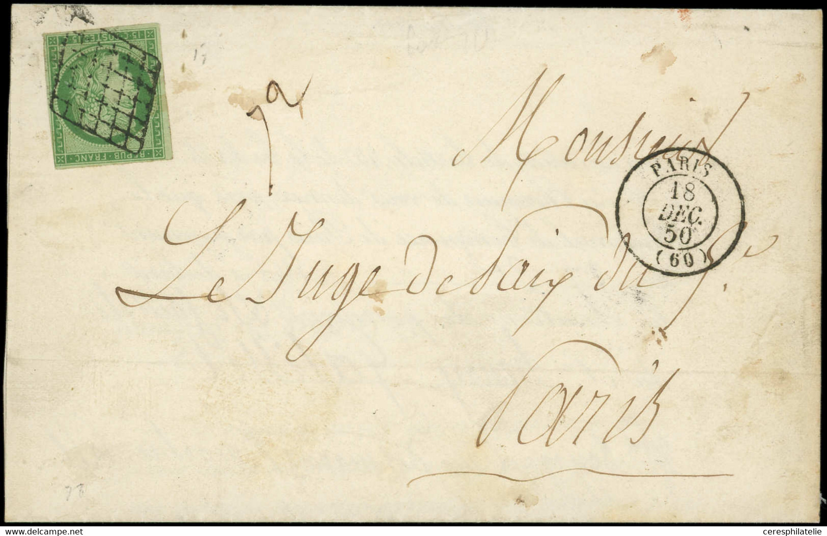 Let EMISSION DE 1849 - 2    15c. Vert, Obl. GRILLE S. LAC, Càd PARIS 18/12/50, TB - 1849-1876: Klassieke Periode