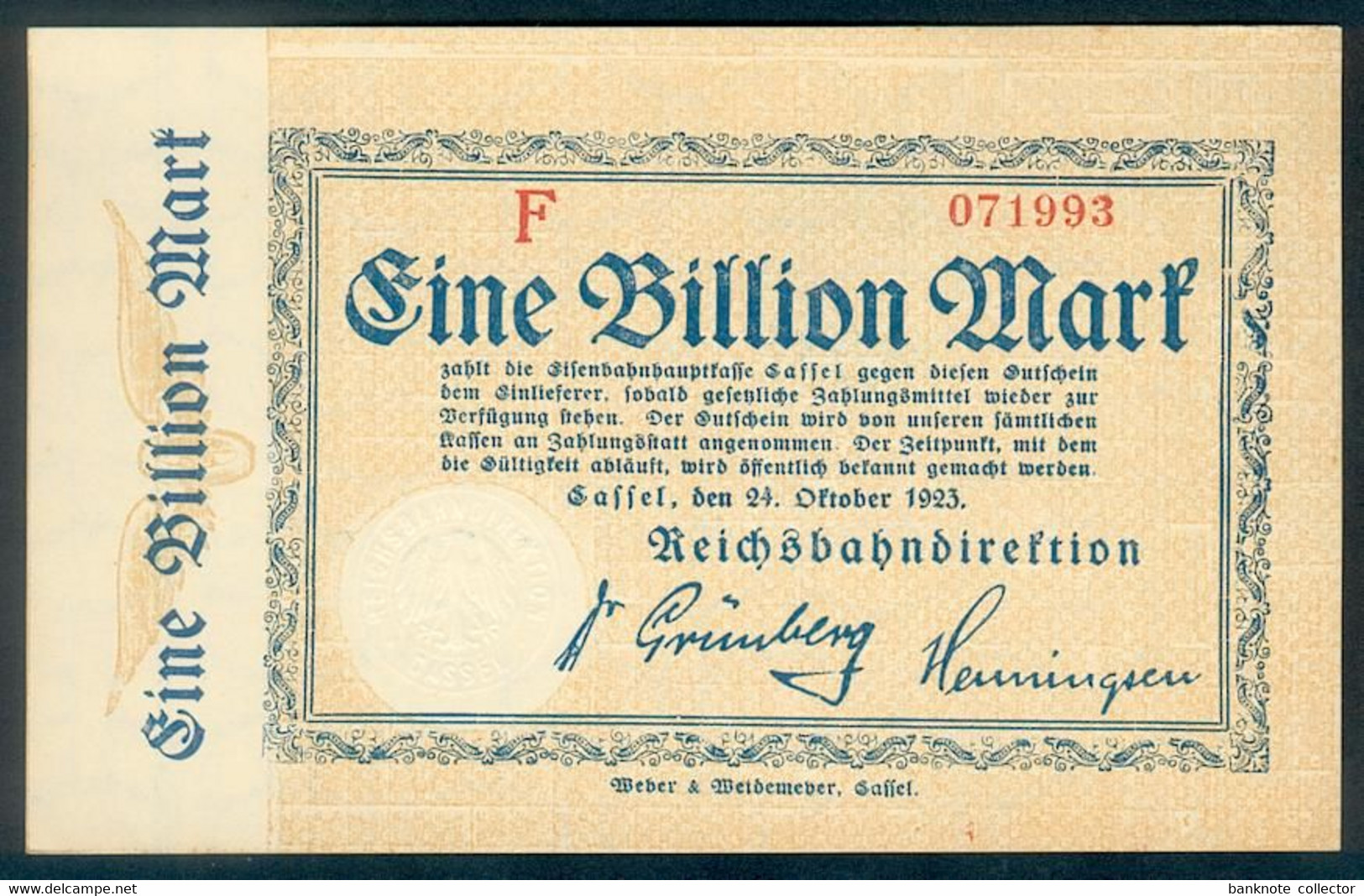 Deutschland, Germany, Reichsbahndirektion Kassel - 1 Billion Mark, 1923 ! - 1 Biljoen Mark