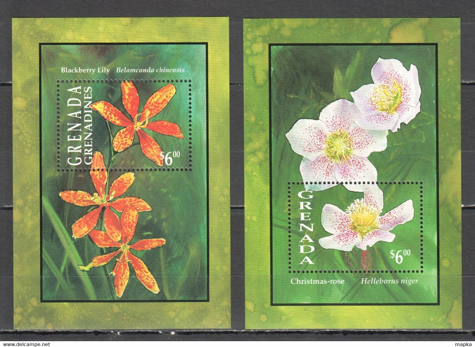 A1064 GRENADA GRENADINES PLANTS FLOWERS BLACKBERRY LILY CHRISTMAS ROSE 2BL MNH - Orchideen