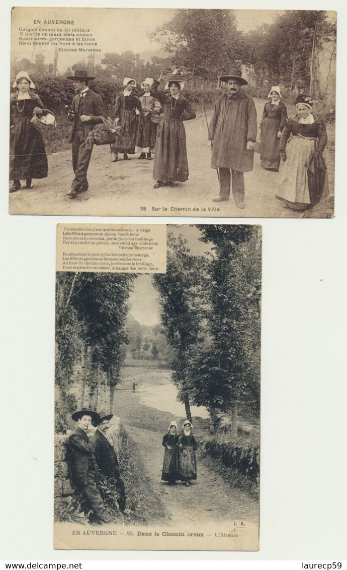 2 Cartes Fantaisie - Sur Le Chemin De La Vie - Dans Le Chemin Creux-folklore Costumes Coiffes Animée Poème De Marcenac - Auvergne Types D'Auvergne