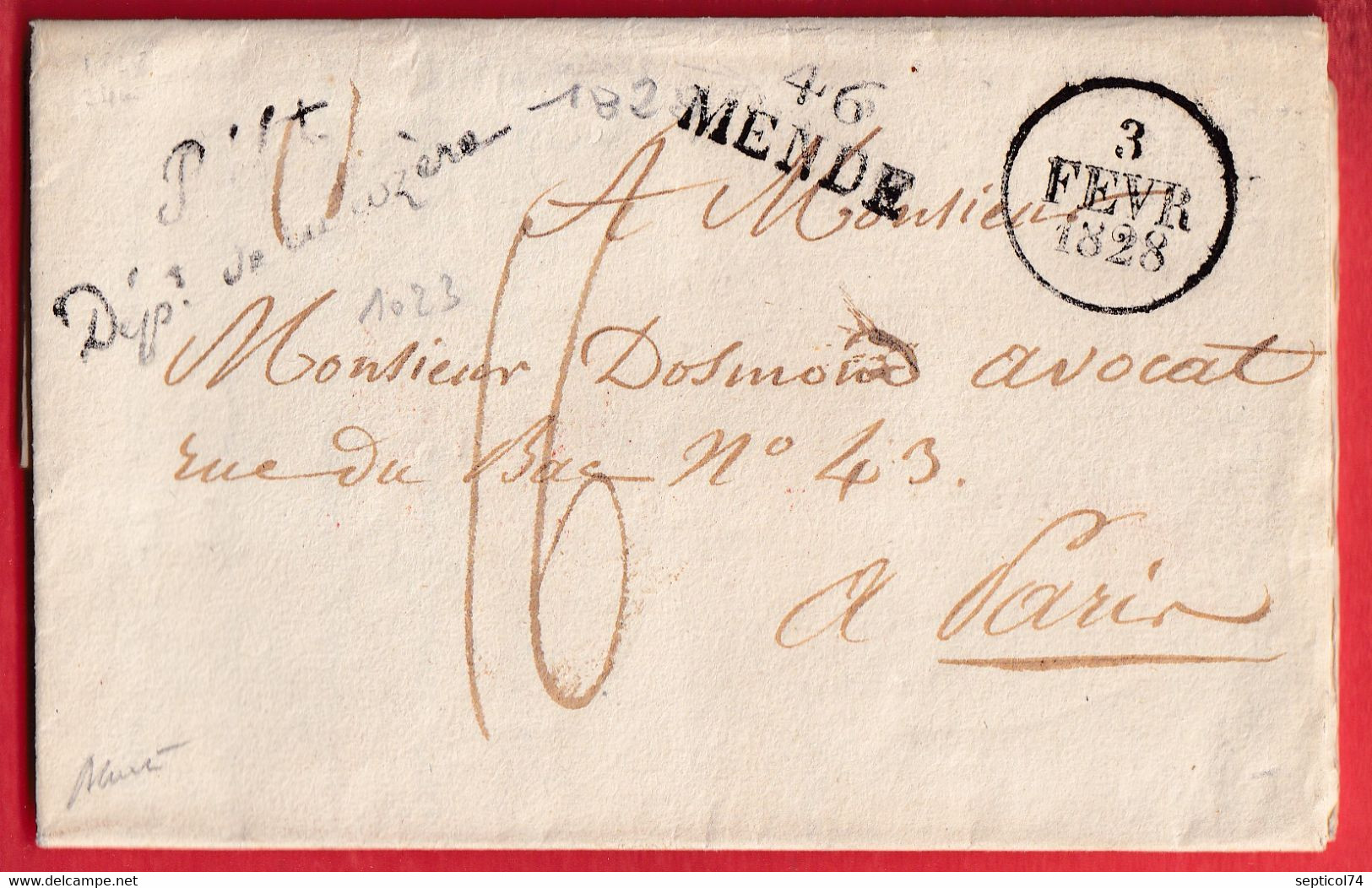 MARQUE 46 MENDE LOZERE 1828 FRANCHISE PREFET DEPARTEMENT DE LA LOZERE TAXE 16 POUR PARIS SIGNE BAUDOT - 1801-1848: Precursori XIX