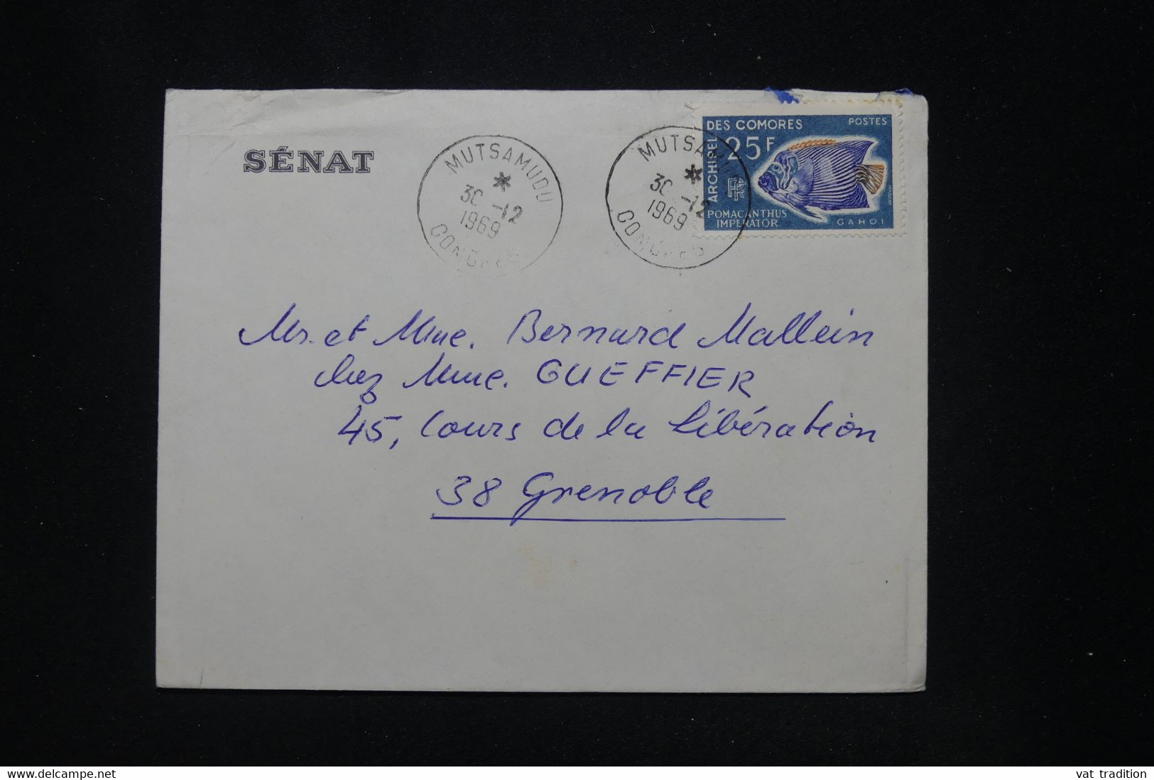 COMORES  - Enveloppe à Entête Du Sénat, De Mutsamudu Pour Grenoble En 1969, Affranchissement Poisson  - L 95589 - Storia Postale