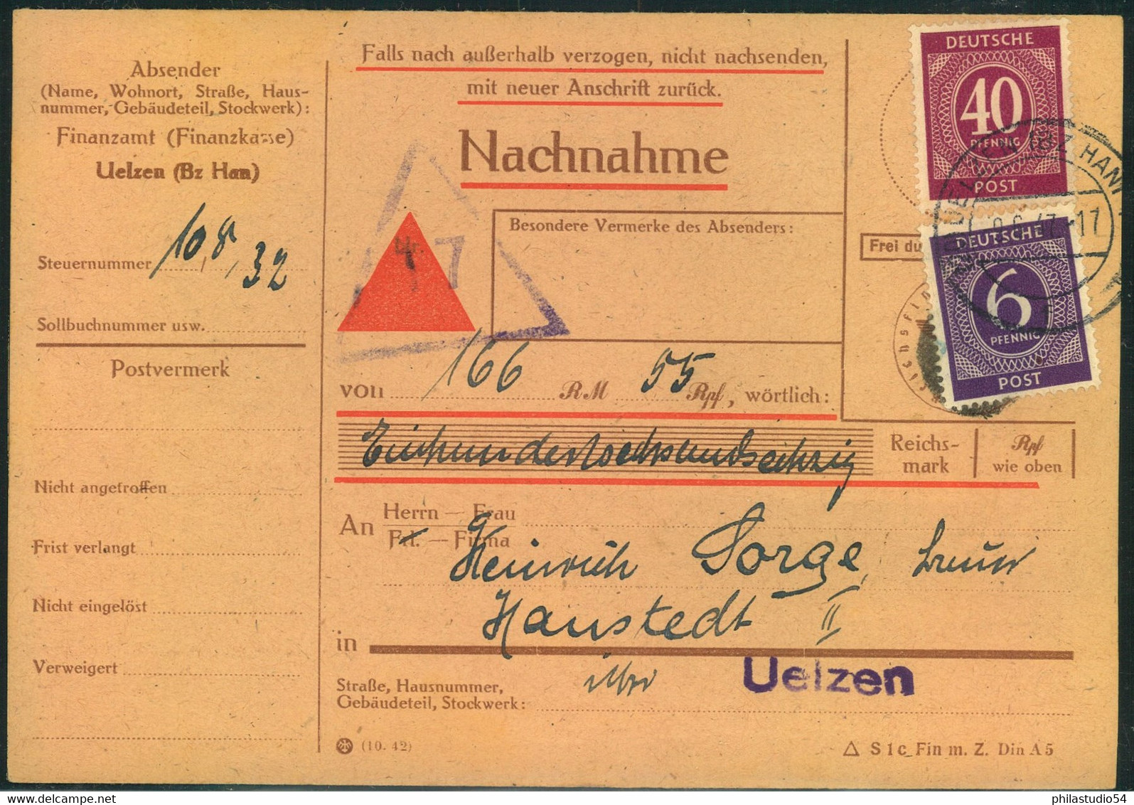 1947, Nachnahme-Drucksache Des Finanzsamts UELZEN Mit 6 Und 40 Pfg. Ziffer Nach Hannover - 916,929 (100,-) - Sonstige & Ohne Zuordnung