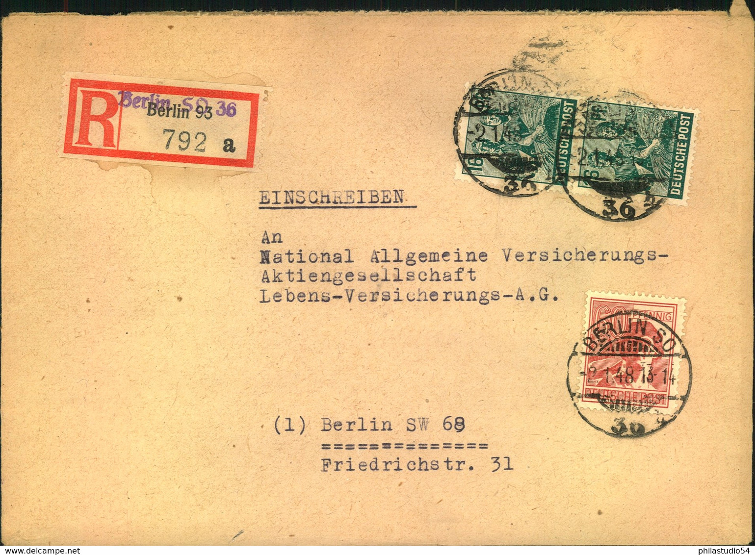 1948, Ortseinschreiben 2. Stufe Mit überstempeltem R-Zettel "Berlin SO 36" Auf "Berlin 93" - Sonstige & Ohne Zuordnung