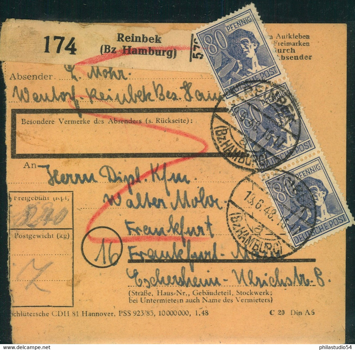 1948, 80 Pfg. Arbeiter Im Senkrechten 3-er-Streifen Auf Paketkarte Ab REINBEK (Bz. Hamburg) - 957 (3) - Sonstige & Ohne Zuordnung