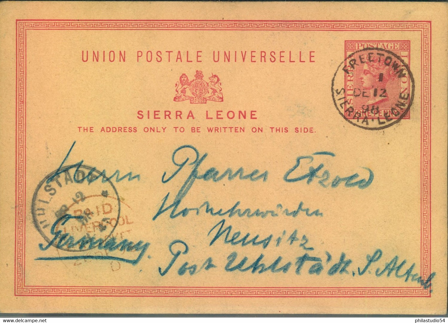 1898, One D Victoria Stationery Card From FREETON To Uhlstädt With Red "Paid Liverpool" - Sierra Leone (...-1960)