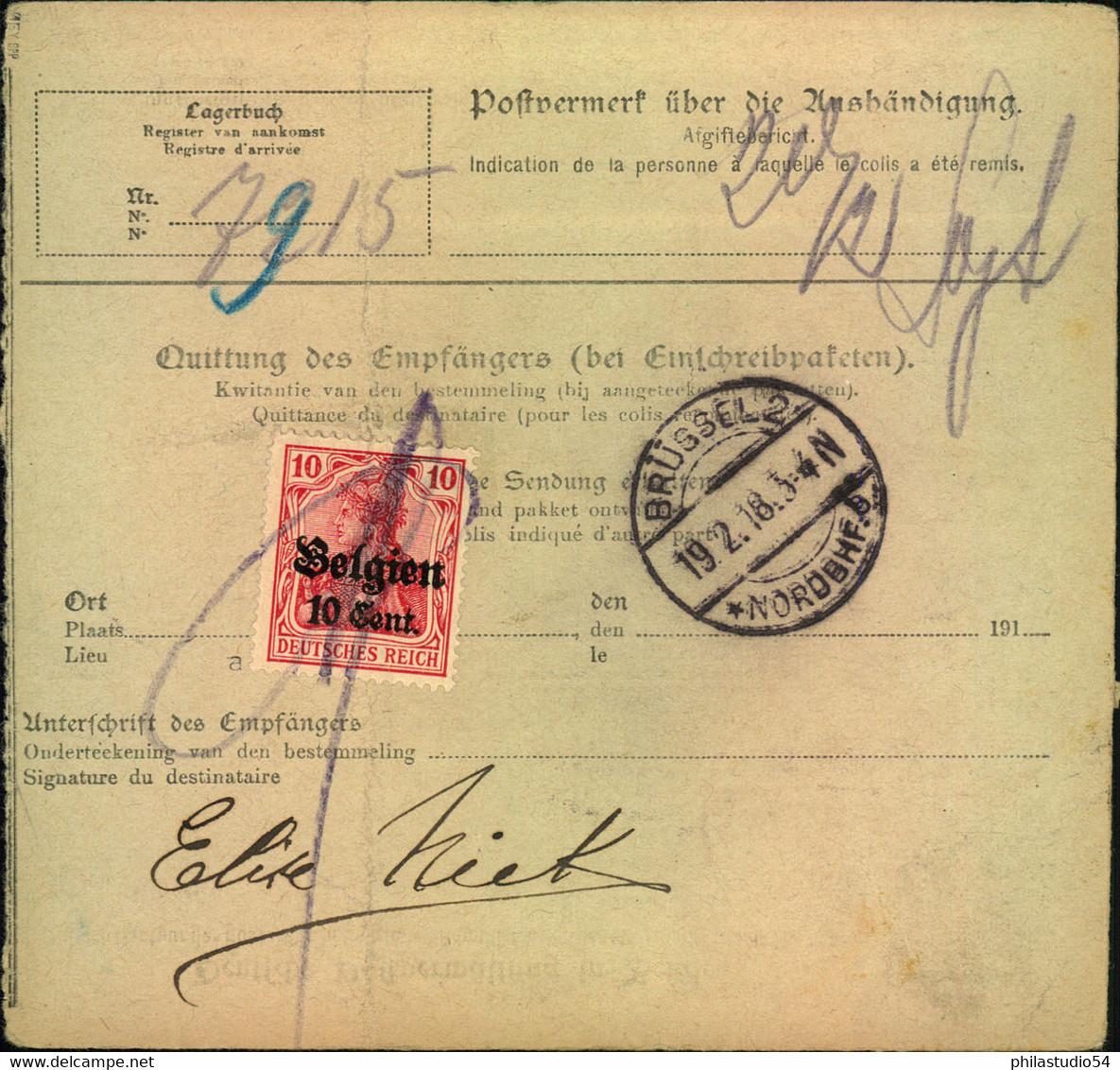 1918, Paketkarte Ab "NEUFCHATEAUX Provinz Luxemburg Nach Brüssel - Altri & Non Classificati