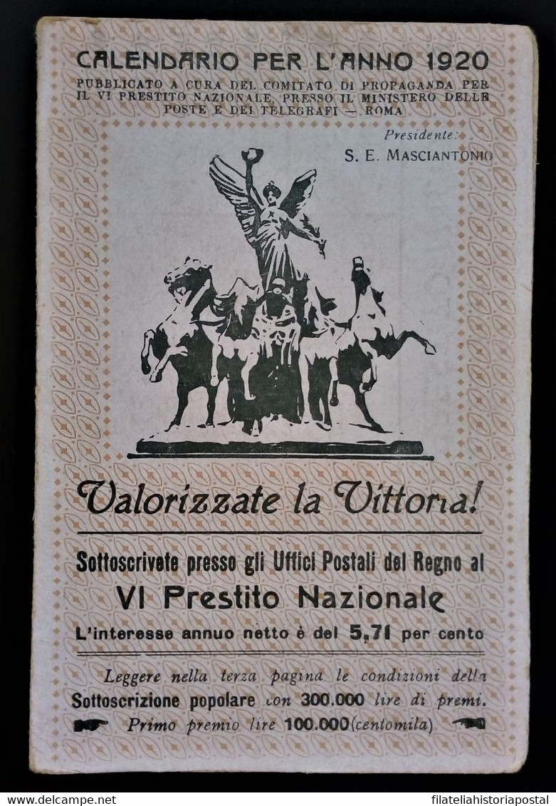 962 ITALY ITALIE ITALIA CALENDARIO PER L'ANNO 1920 UFFICI POSTALE - Tamaño Pequeño : ...-1900