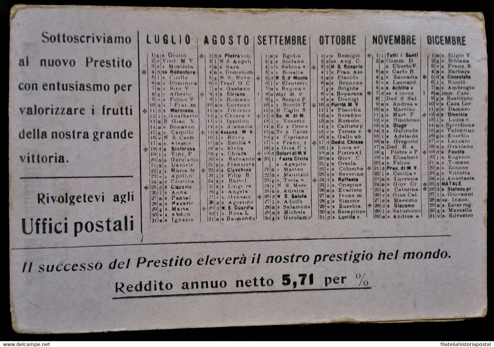 962 ITALY ITALIE ITALIA CALENDARIO PER L'ANNO 1920 UFFICI POSTALE - Formato Piccolo : ...-1900