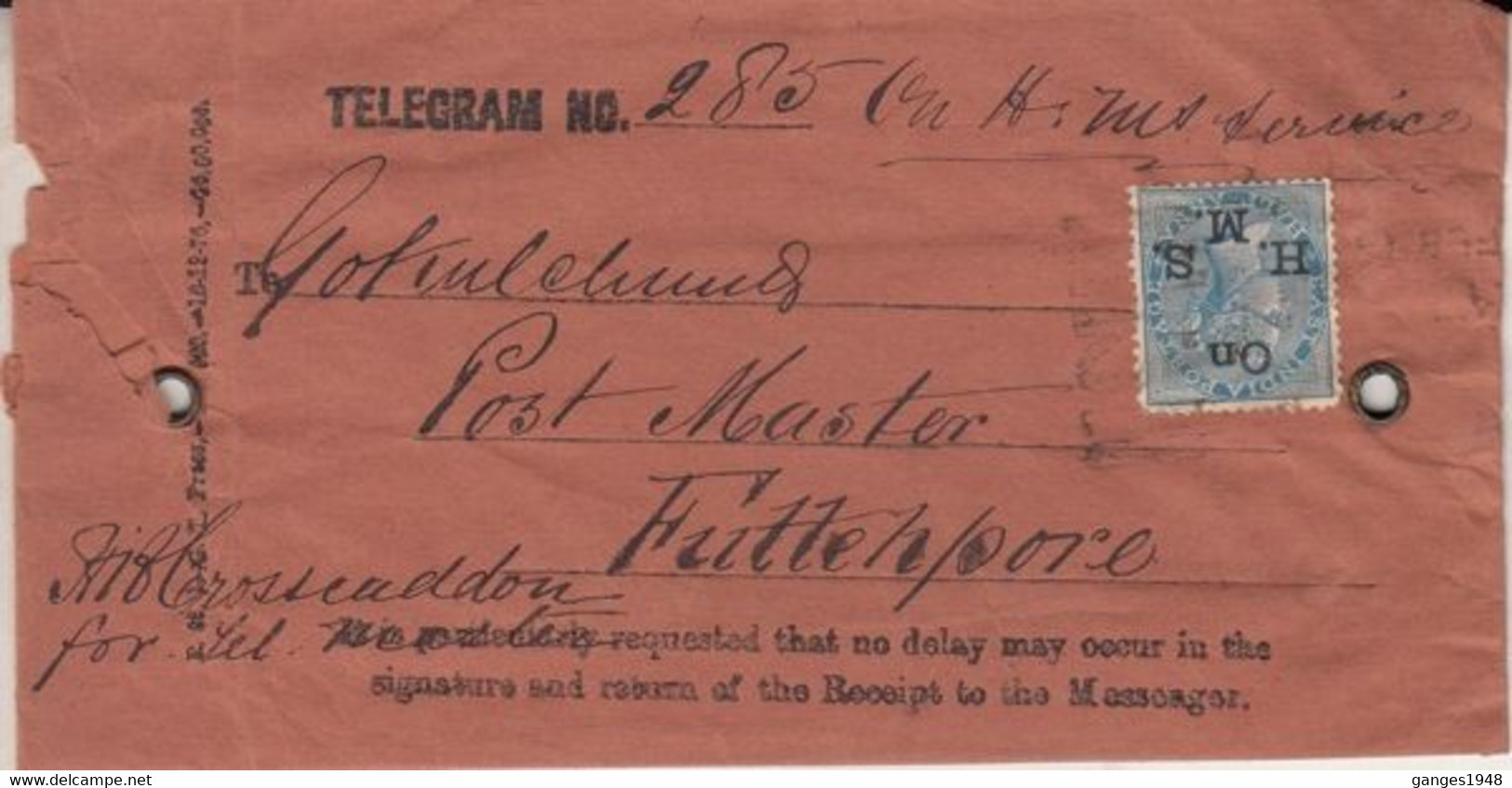 India 1870's  QV  1/2A  H.M.  Service Telegramme Envelope  Sikur To Fattehpore  # 32206  D  Inde Indien - Autres & Non Classés