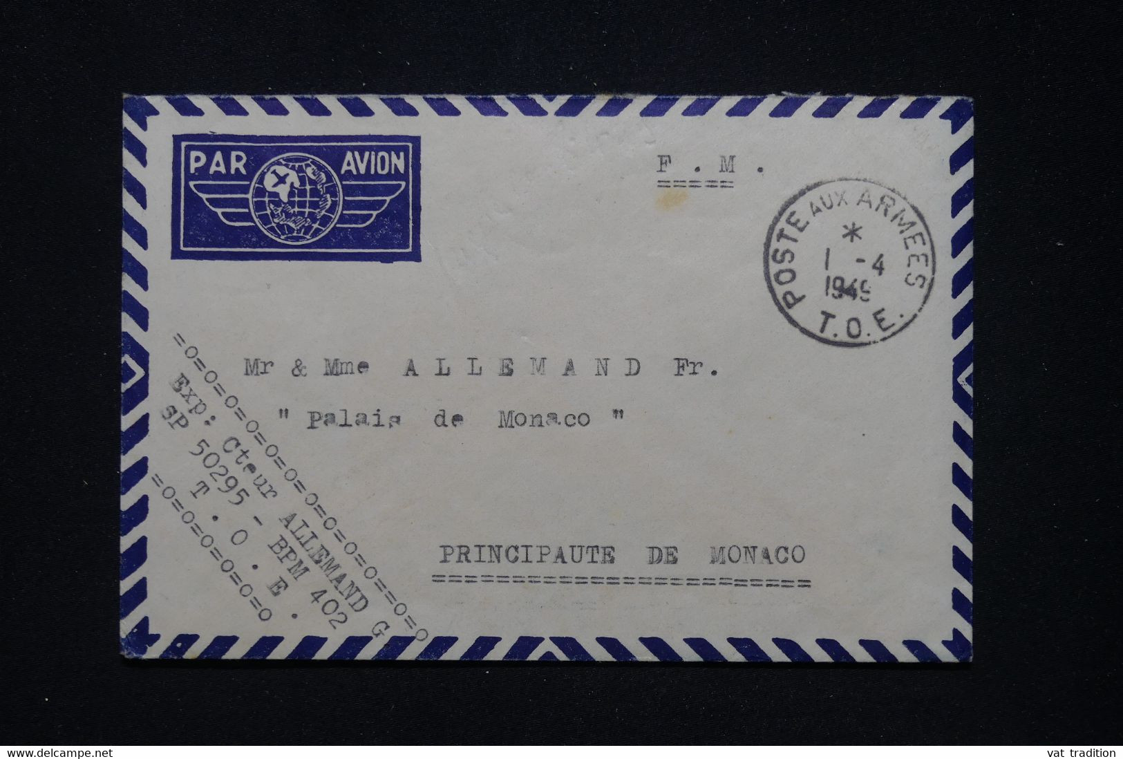 MONACO - Enveloppe D'un Soldat ( En Indochine ) Pour Monaco En 1949 En Fm - L 95608 - Lettres & Documents