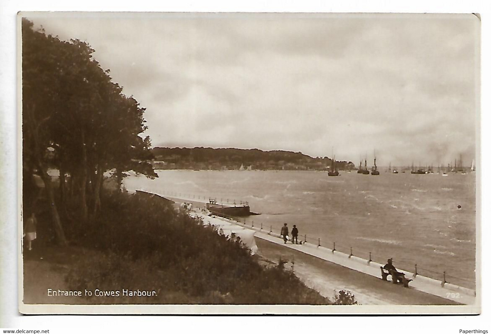 Real Photo Postcard, Entrance To Cowes Harbour, Boats, Ships, Footpath, Landscape. 1929. - Cowes