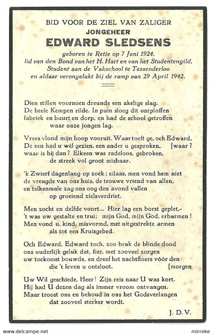 TESSENDERLOO  -  Doodsprentje  -  Fabrieksramp 29 April 1942  -  Zie / Voir Scan's - Tessenderlo