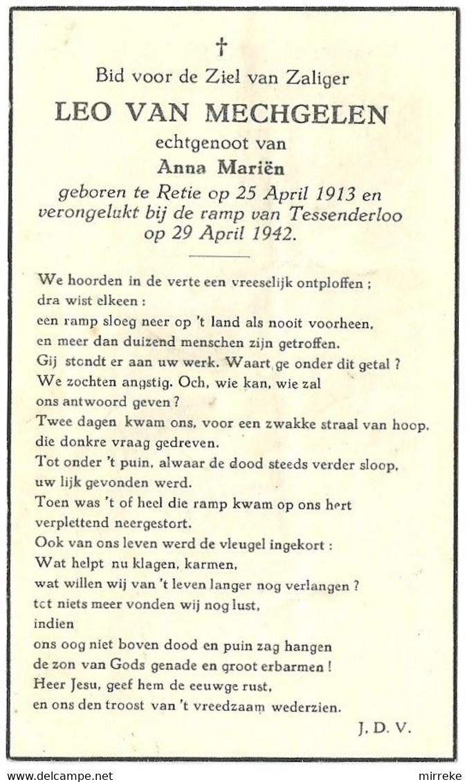 TESSENDERLOO  -  Doodsprentje  -  Fabrieksramp 29 April 1942  -  Zie / Voir Scan's - Tessenderlo