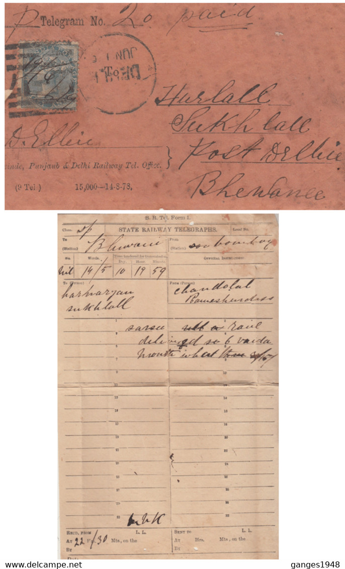 India 1870's  QV 1/2A Scinde, Punjab & Delhi Rly  Telegramme Form & Envelope Delhi To Bhiwani  # 32207  D  Inde Indien - Autres & Non Classés