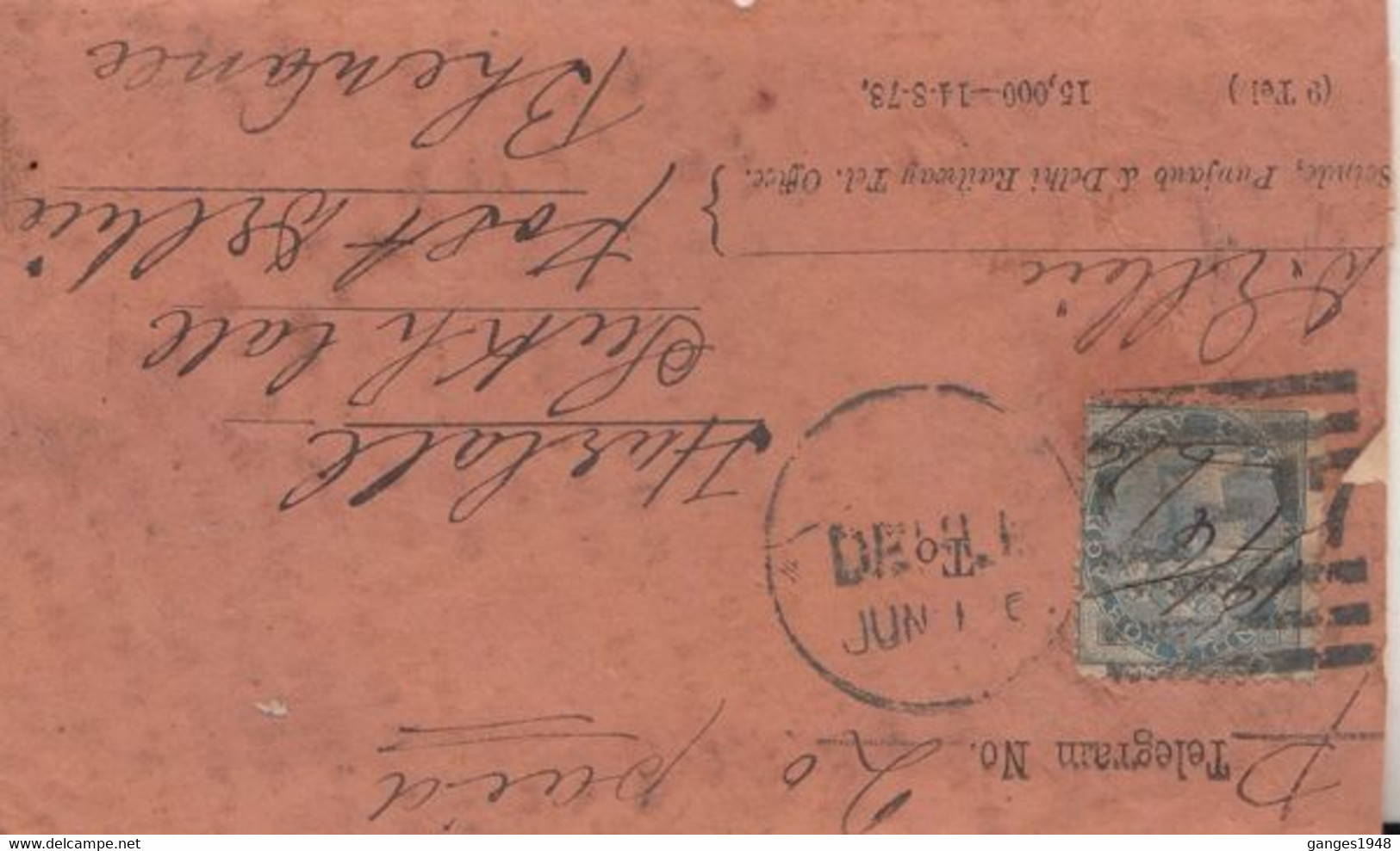 India 1870's  QV 1/2A Scinde, Punjab & Delhi Rly  Telegramme Form & Envelope Delhi To Bhiwani  # 32207  D  Inde Indien - Andere & Zonder Classificatie