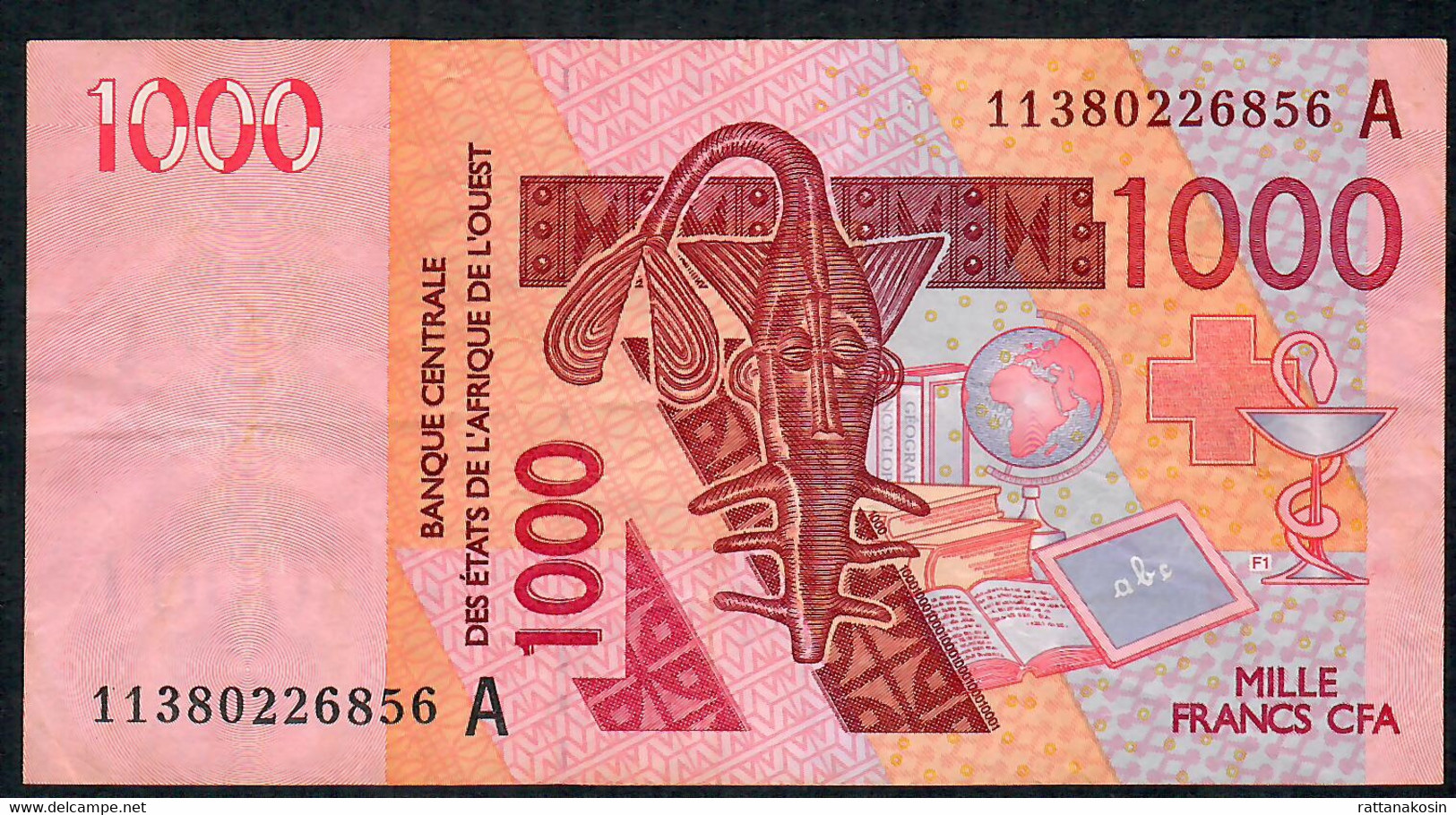 W.A.S. LETTER A Ivory Coast  P115Aj 1000 FRANCS (20)11 Signature 37 VF NO P.h. - West African States