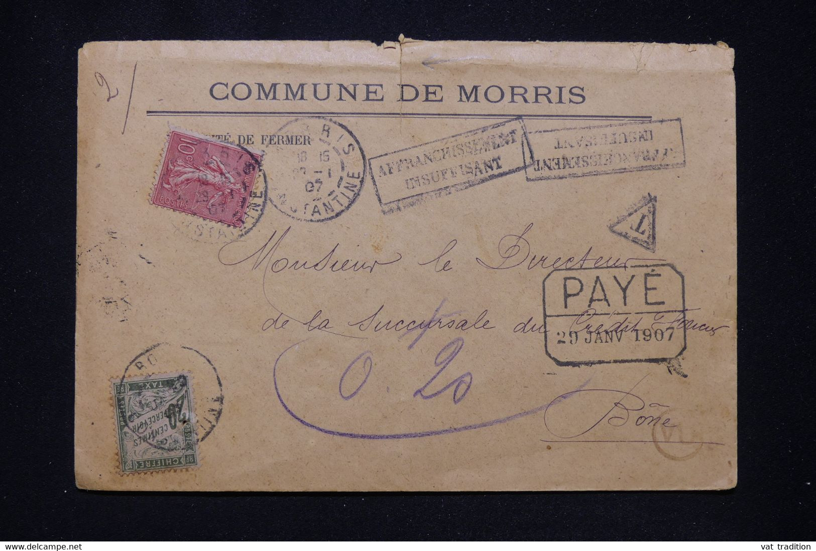 FRANCE / ALGÉRIE - Taxe De Bône Sur Enveloppe De La Commune De Morris En 1907 - L 95636 - 1859-1959 Briefe & Dokumente