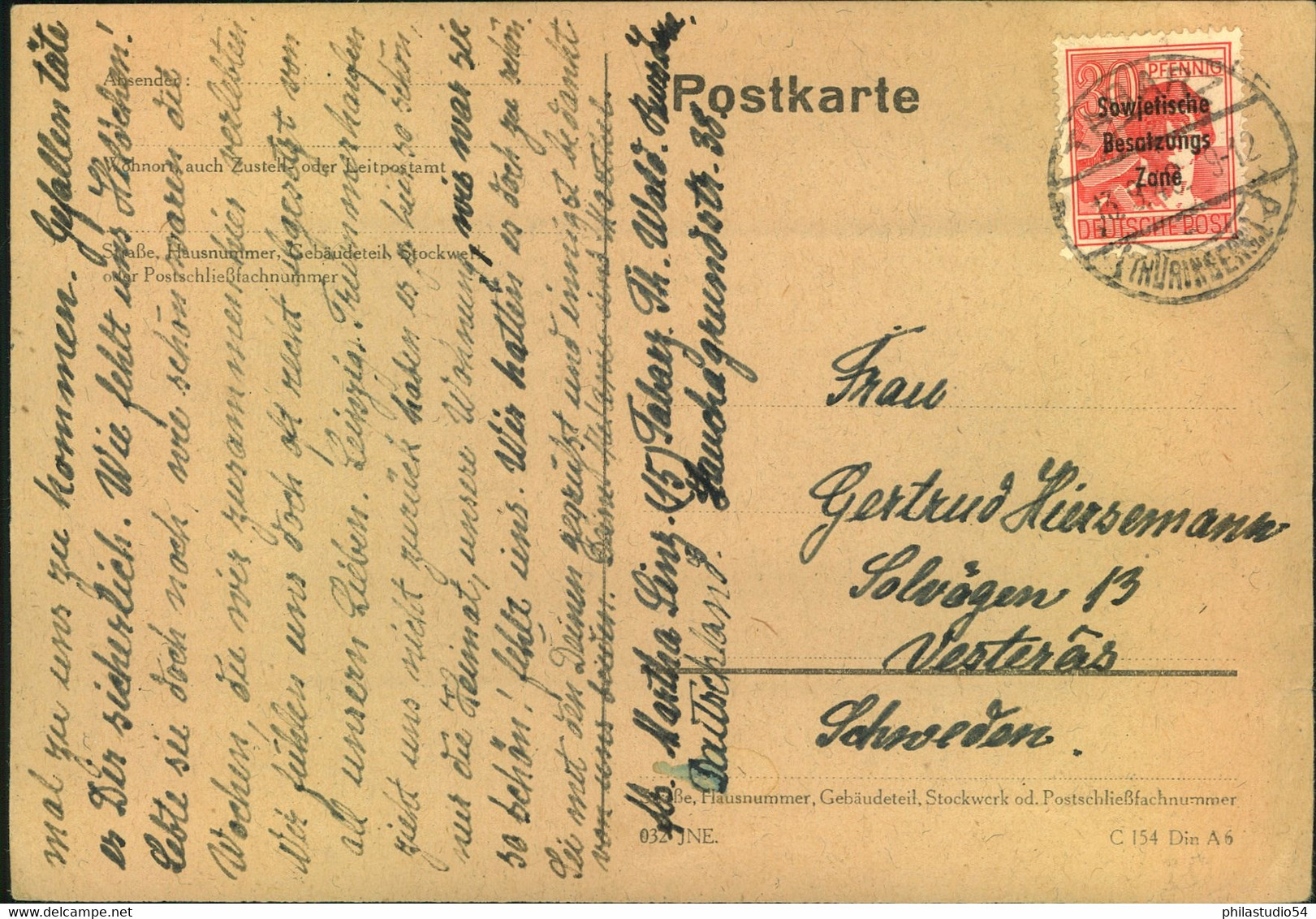 1948, Auslanspaostkarte Mit Einzelfrankatur 30 Pfg. Arbeiter Ab TABARZ Nach Schweden - 192 - Sonstige & Ohne Zuordnung
