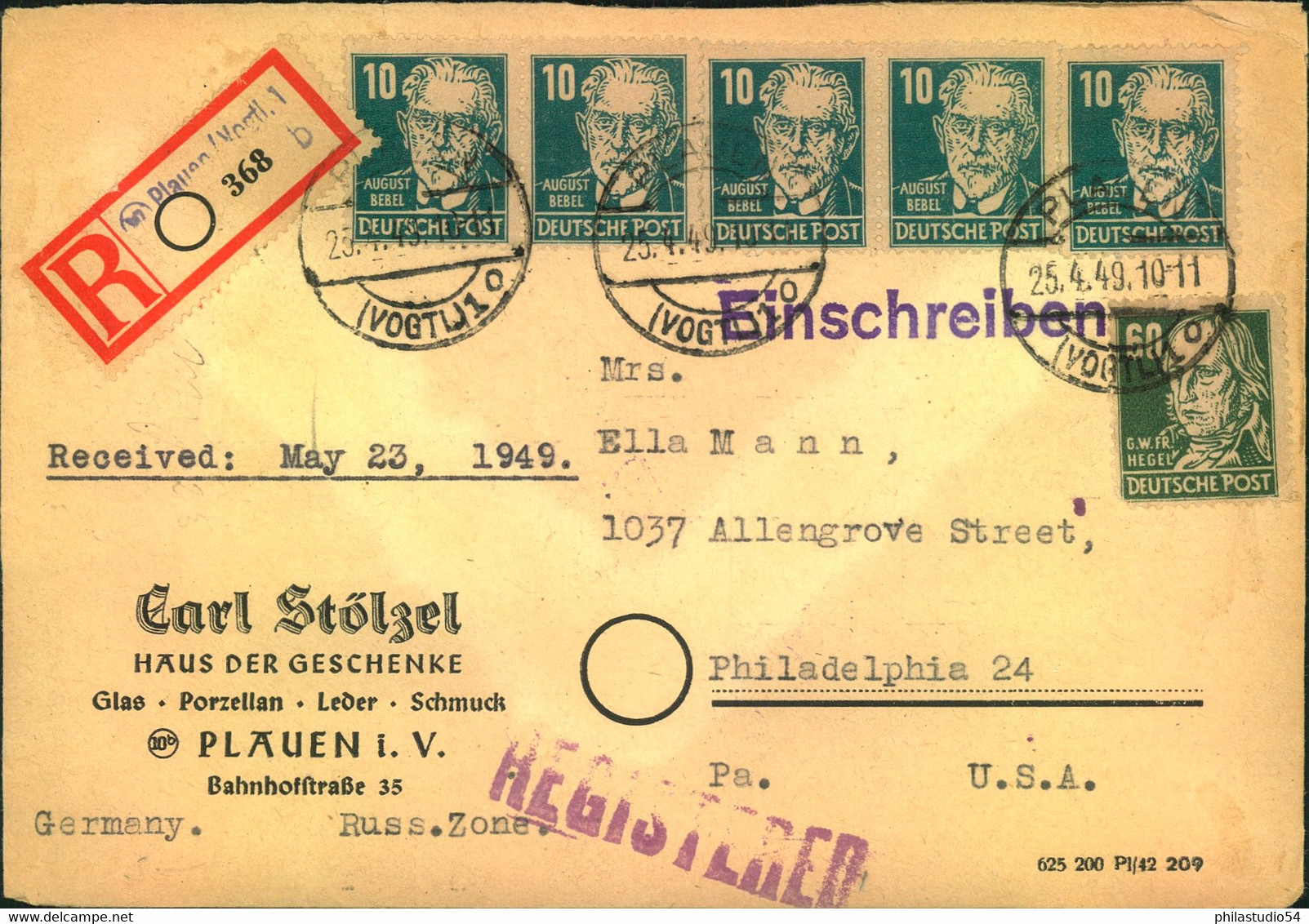 1949, Einschreiben Ab "(10) Plauen (Vogtl.) 1" Mit Not-R-Zettel Nach USA - Sonstige & Ohne Zuordnung