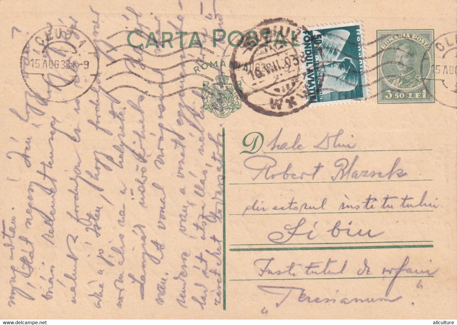 A4474- Postcard, Romanian Post, King Of Romania Carol II, Aviation Fund,1938 Cluj Sibiu Romania Used Postal Stationery - Brieven En Documenten