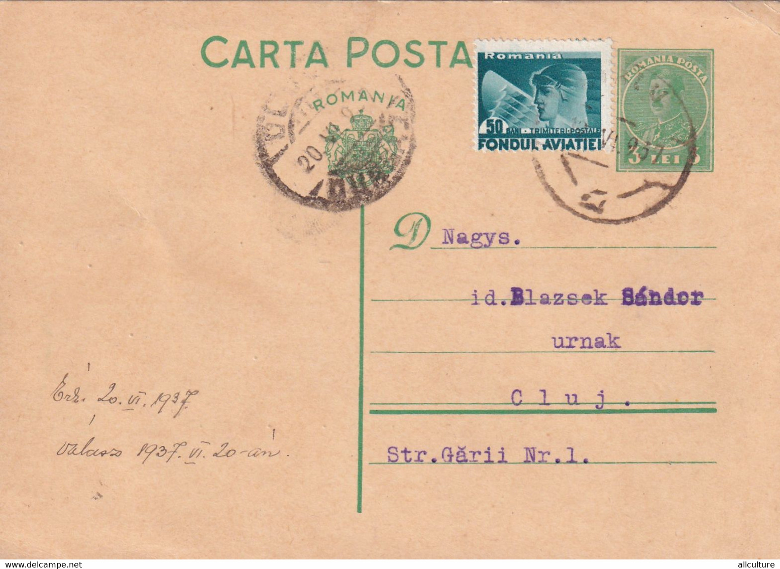 A4475- Postcard, Romanian Post, King Of Romania Carol II, Aviation Fund,1937 Cluj Sibiu Romania Used Postal Stationery - Storia Postale