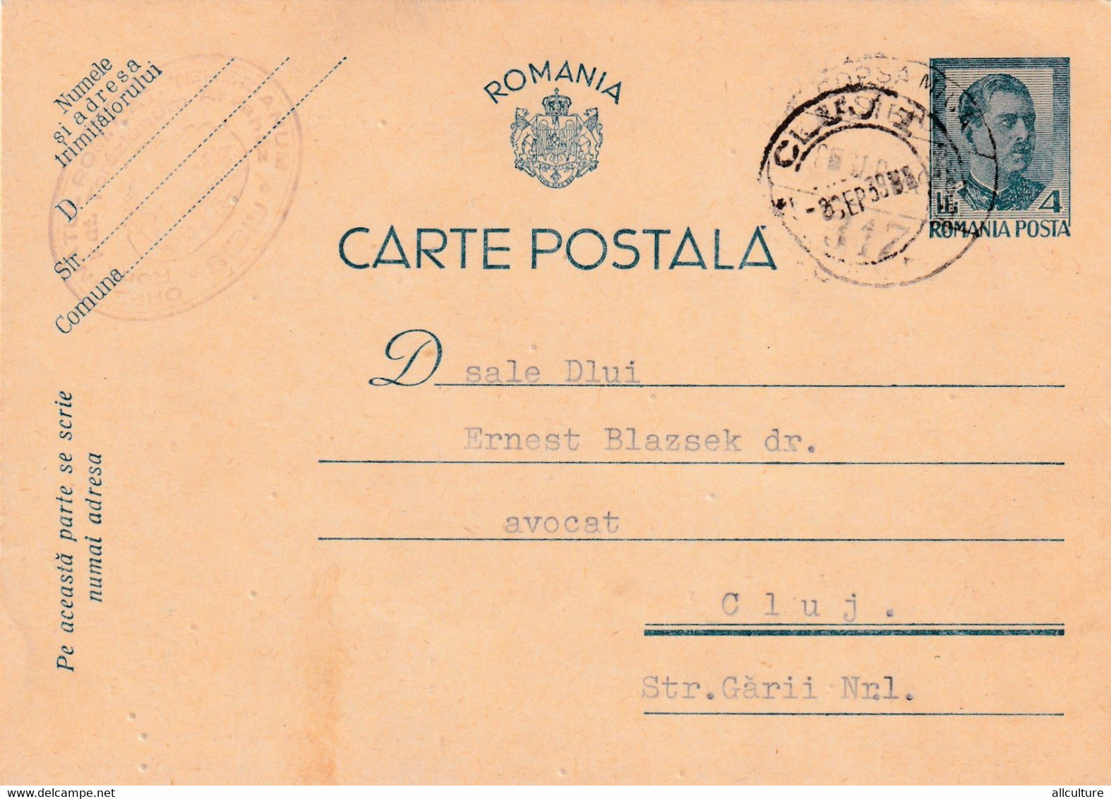 A4476- Postcard, Romanian Post, King Of Romania Carol II,1939 Cluj  Romania Used Postal Stationery - Storia Postale