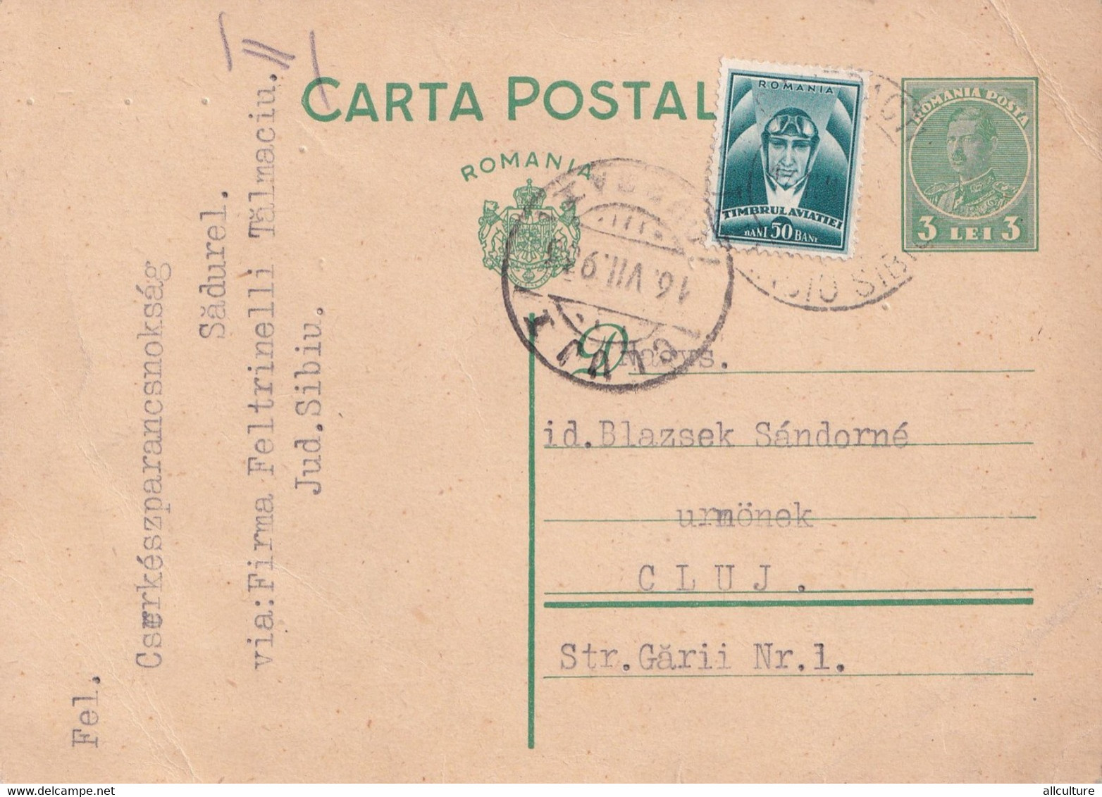 A4491- Postcard, Romanian Post, King Carol II, Aviation Stamp, Cluj 1933 Romania Used Postal Stationery - Lettres & Documents