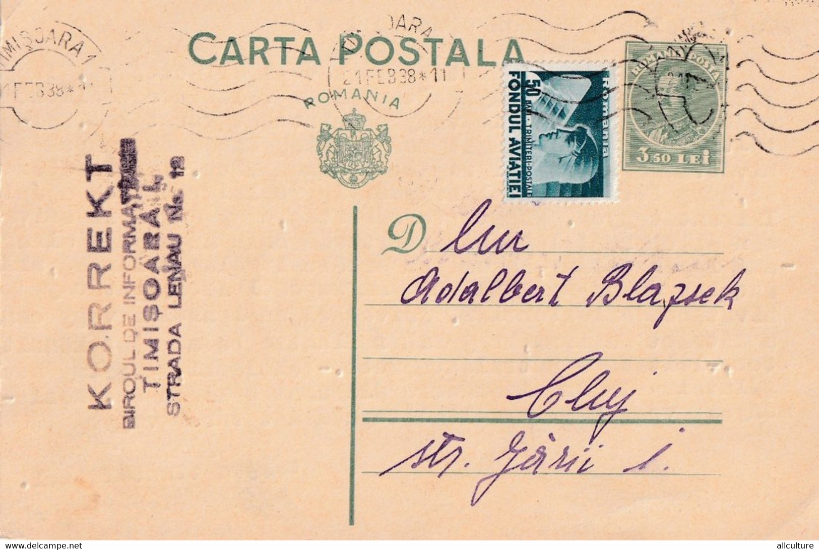 A4492- Postcard, Romanian Post, King Carol II, Aviation FUND, Timisoara 1938 Romania Used Postal Stationery - Cartas & Documentos