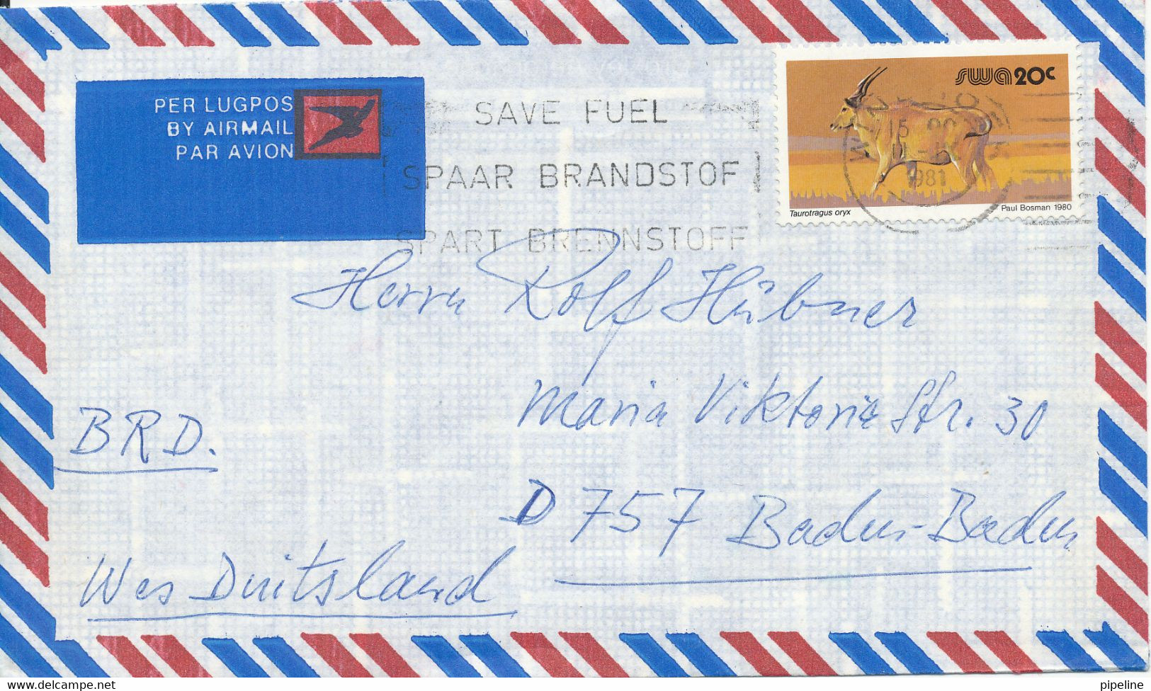 South Africa Air Mail Cover Sent To Germany 11-9-1981 Single Franked - Posta Aerea