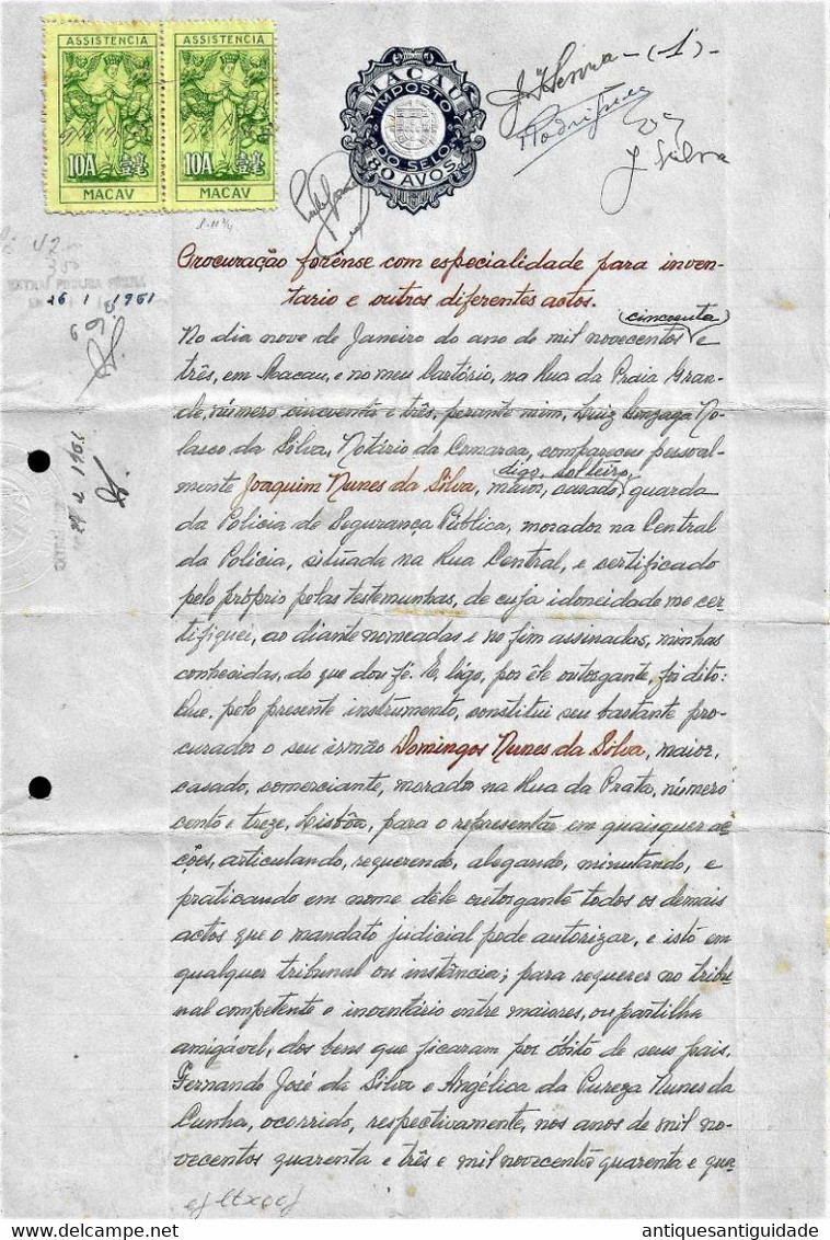 Tax. Macao. Power Of Attorney Of 09.01.1953 Revenue Document With 80 Avos Blue STO, 20,30 Avos And 2P, 10 Avos (5) - Lettres & Documents