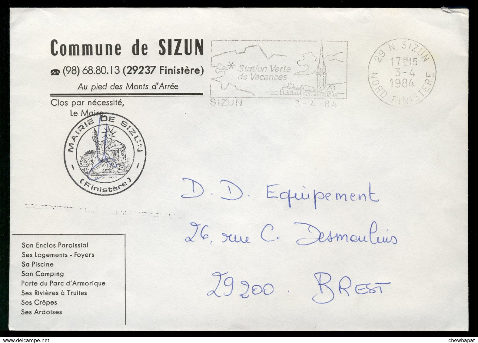 France Oblitéré Sur Enveloppe - Commune De Sizun  1984 - Sonstige & Ohne Zuordnung