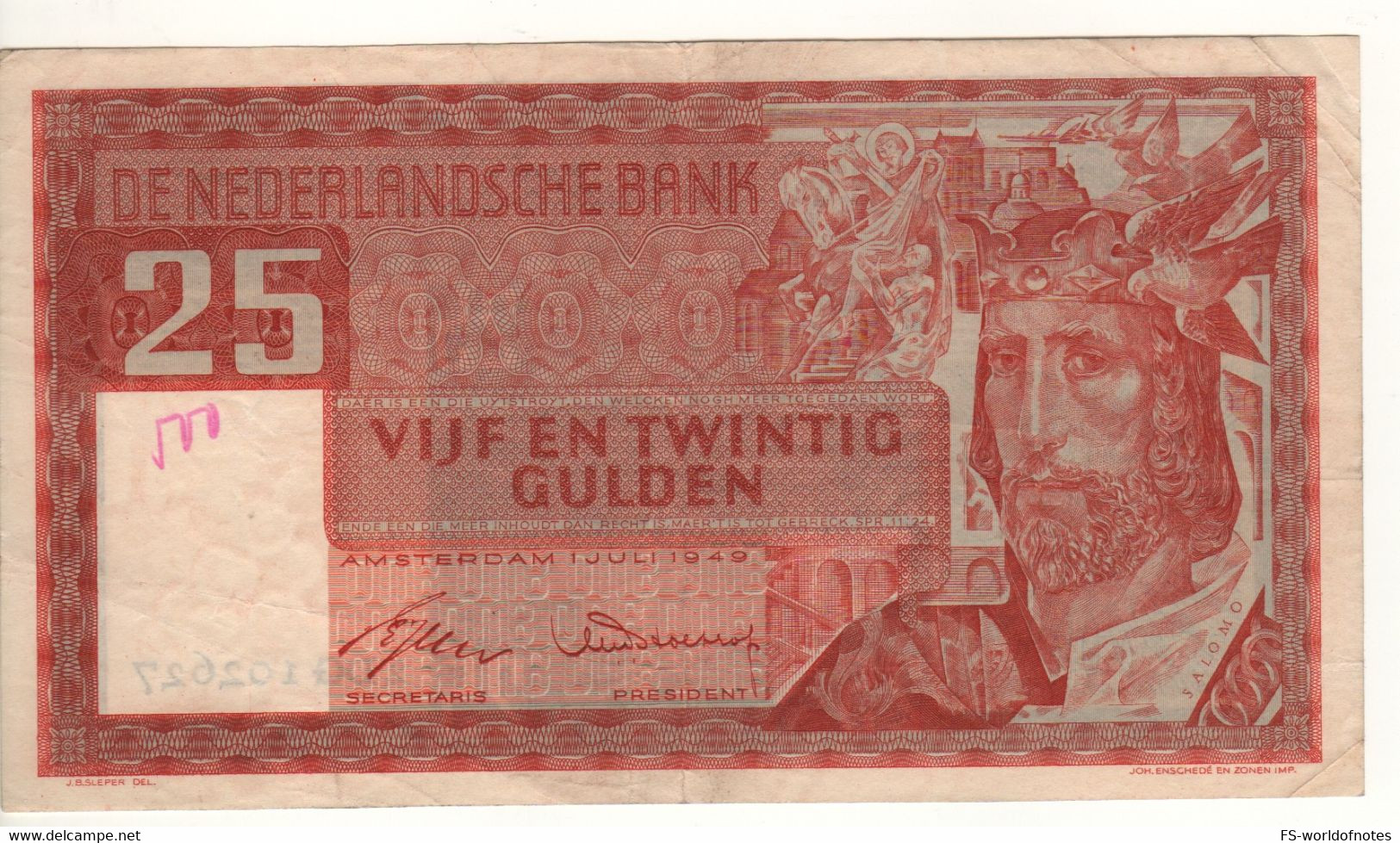 NETHERLANDS  25  Gulden   P84    1..07.1949   (  King Solomon ) - 25 Gulden