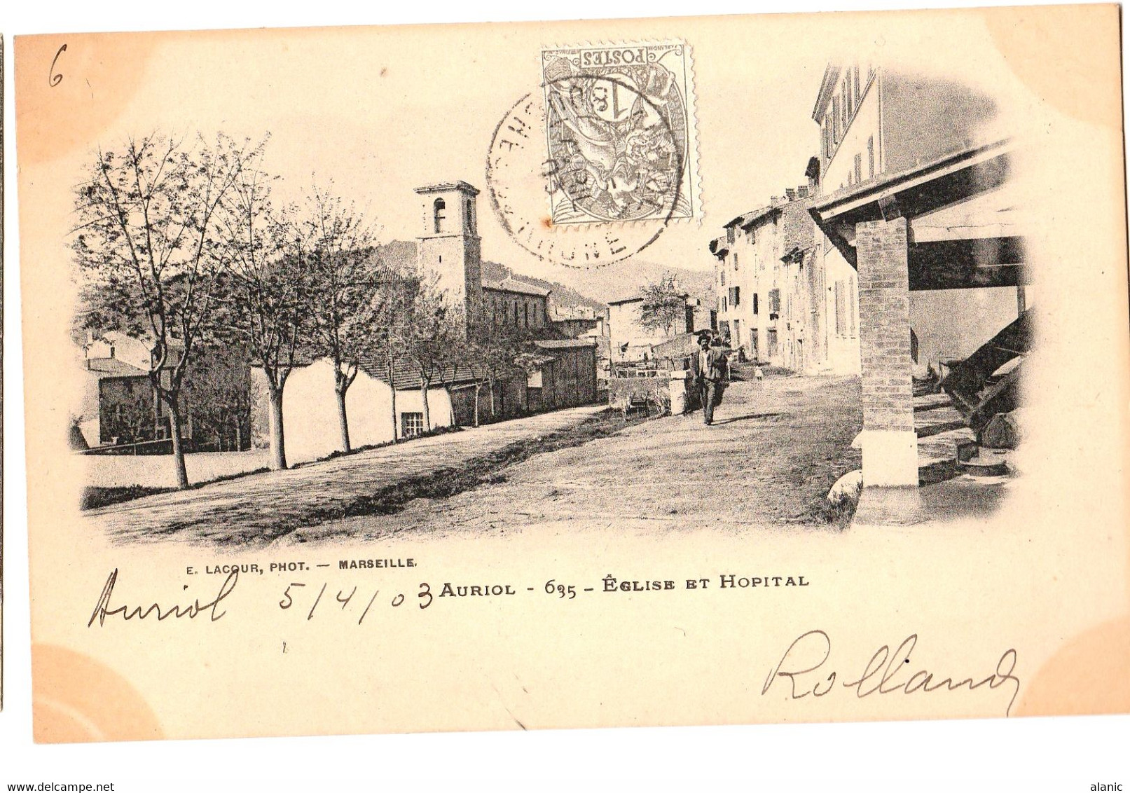 [13] Bouches-du-Rhône >AURIOL EGLISE ET HOPITAL   ANIMEE  CIRCULEE 5/4/03 AVEC TYPE BLANC N° 107 - Auriol