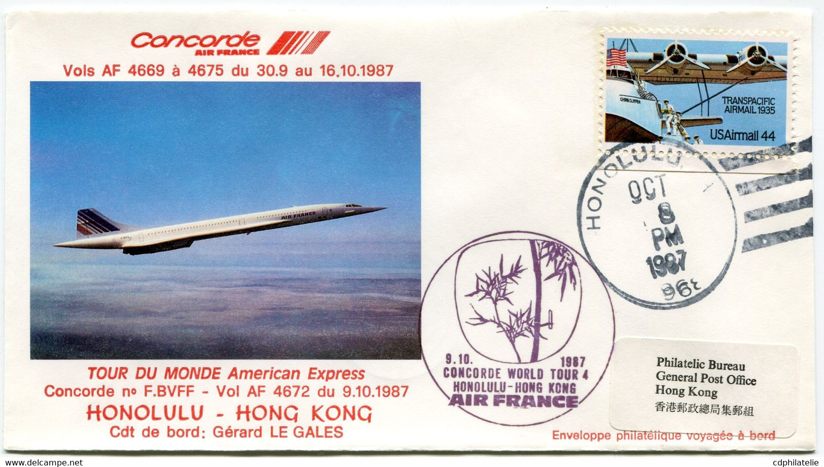 ENVELOPPE CONCORDE TOUR DU MONDE AMERICAN EXPRESS HONOLULU - HONG KONG DU 9-10-1987 AVEC OBL HONOLULU OCT 8 1987 - Concorde